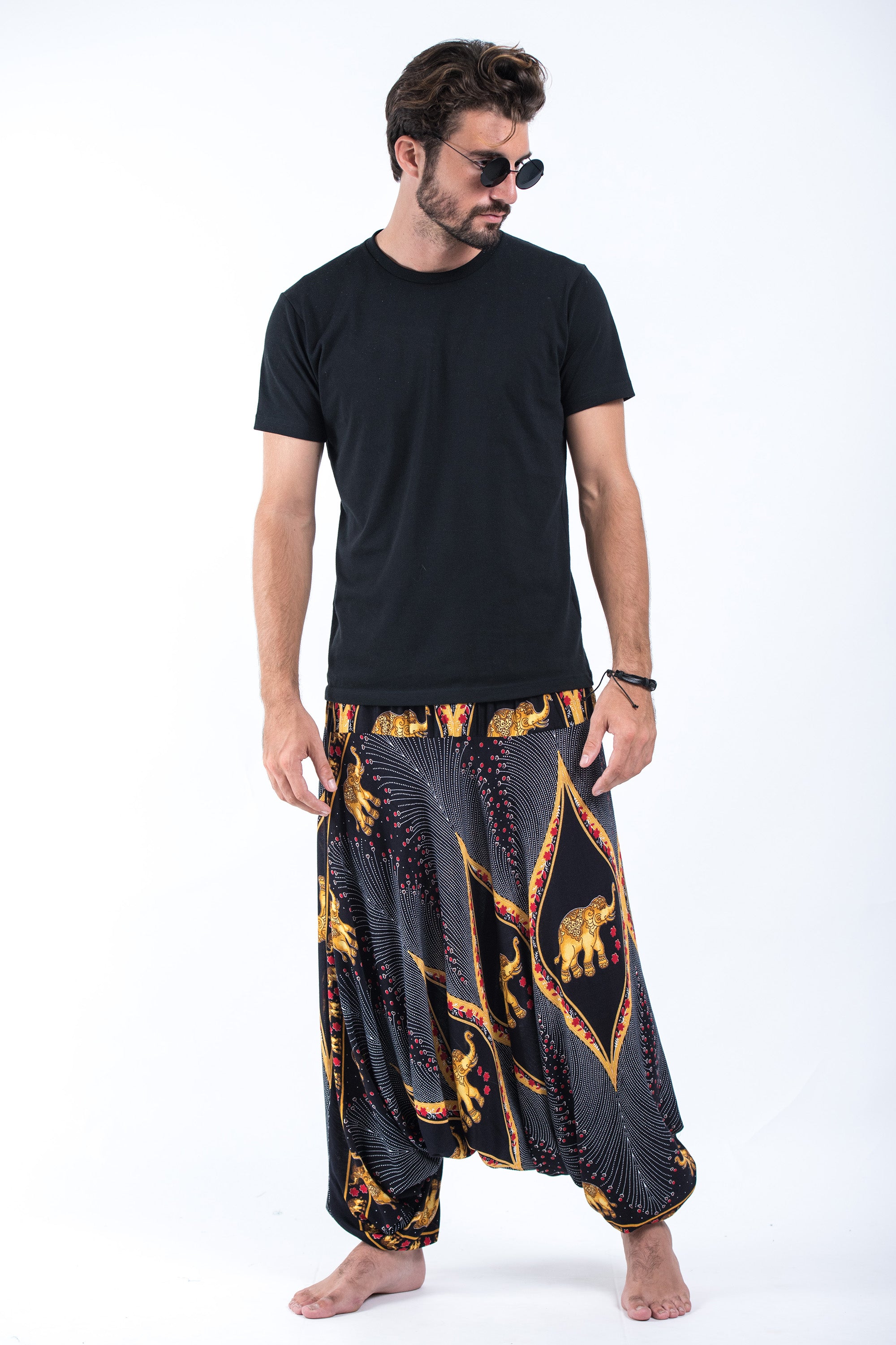 Peacock Elephant Drop Crotch Men's Elephant Pants in Black