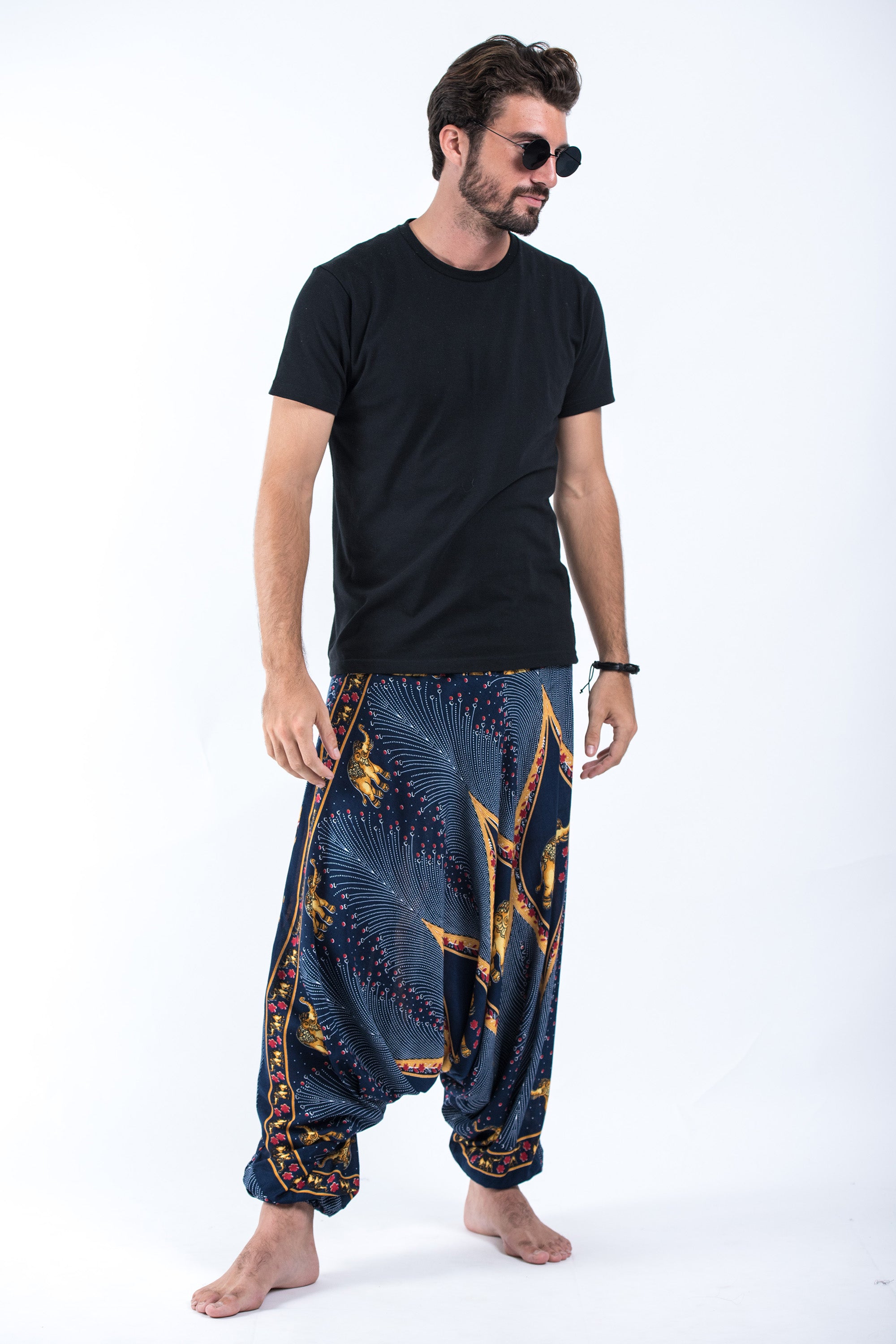Peacock Elephant Drop Crotch Men's Elephant Pants in Blue