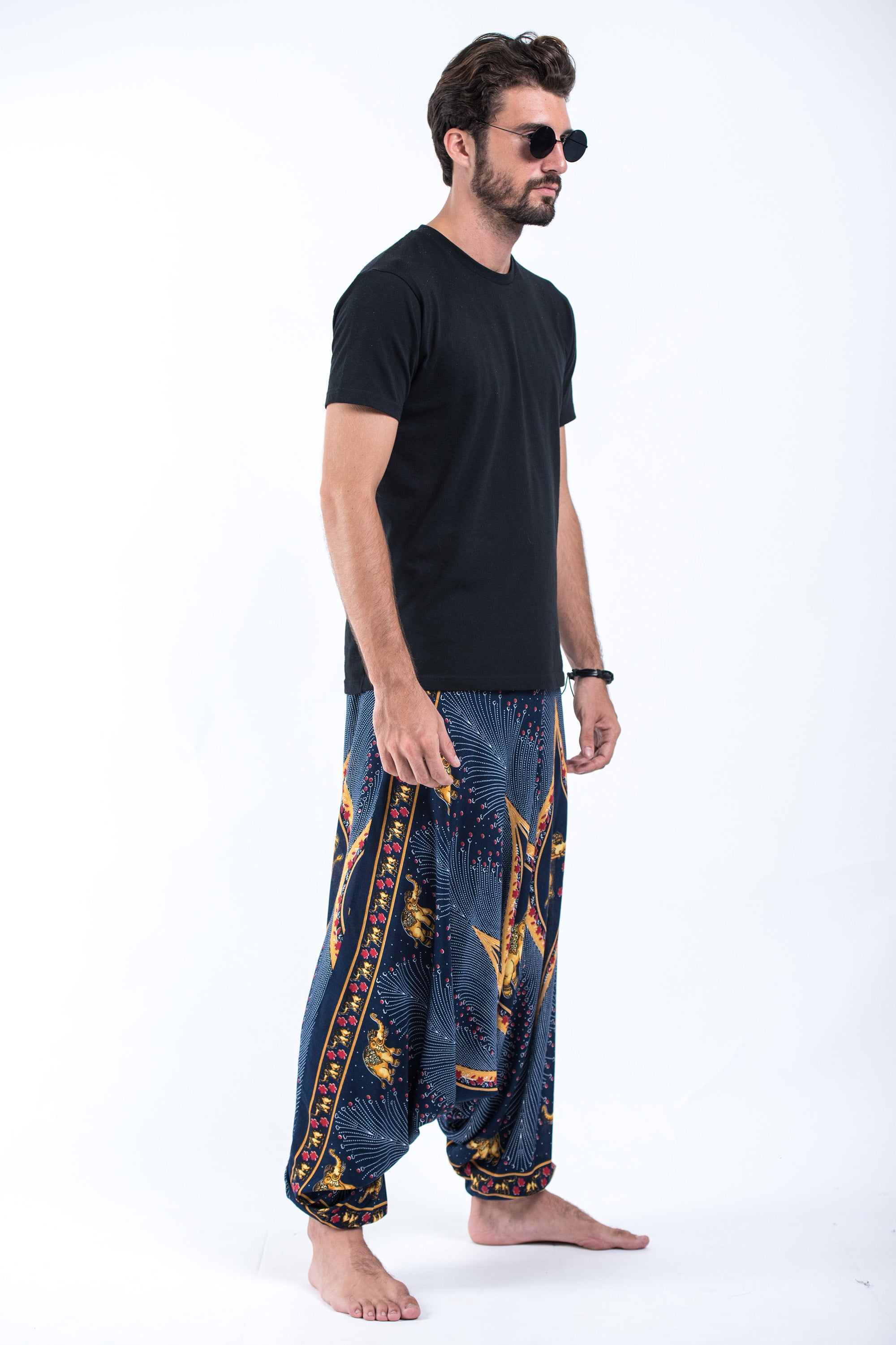 Peacock Elephant Drop Crotch Men's Elephant Pants in Blue