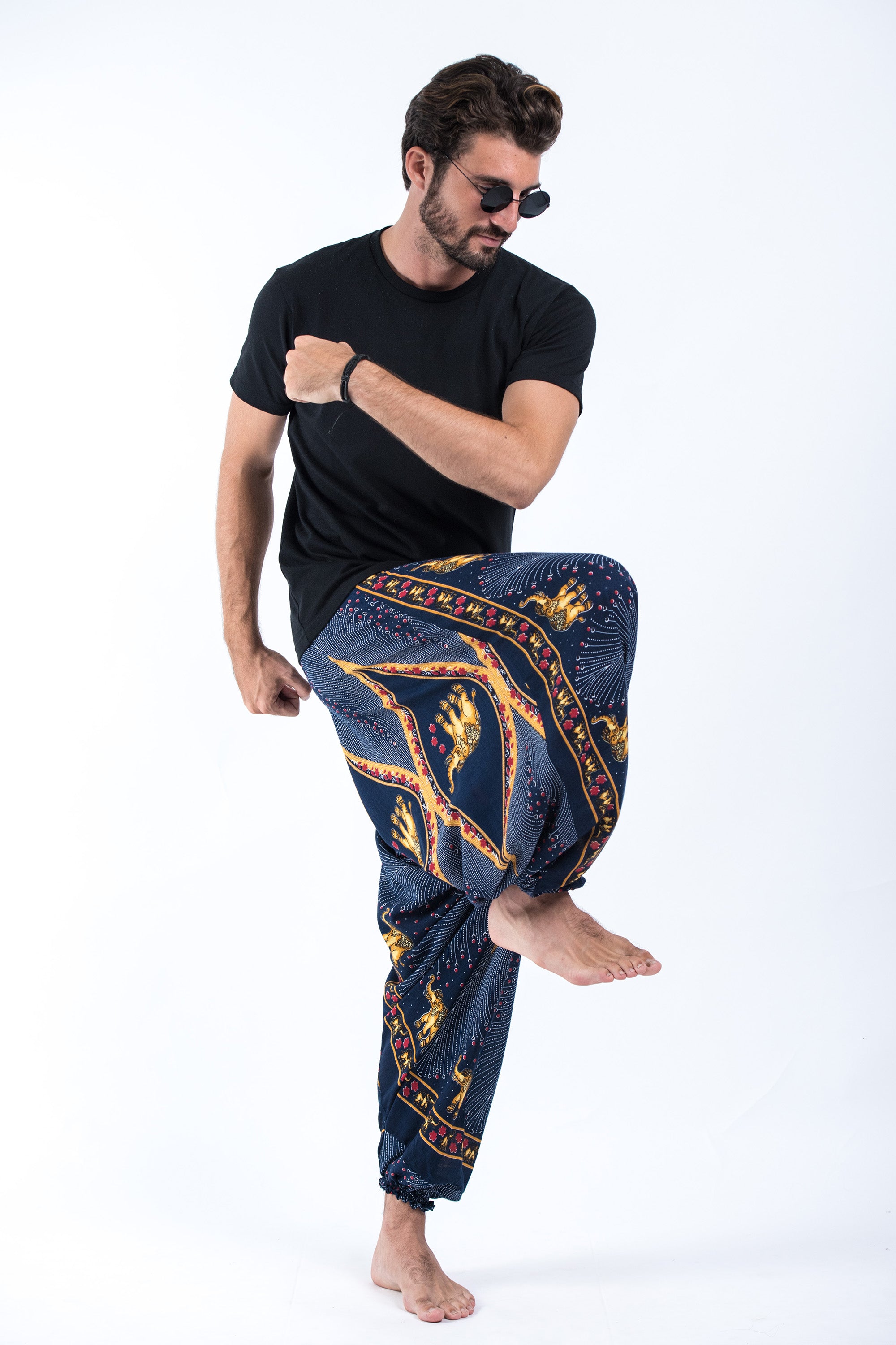 Peacock Elephant Drop Crotch Men's Elephant Pants in Blue