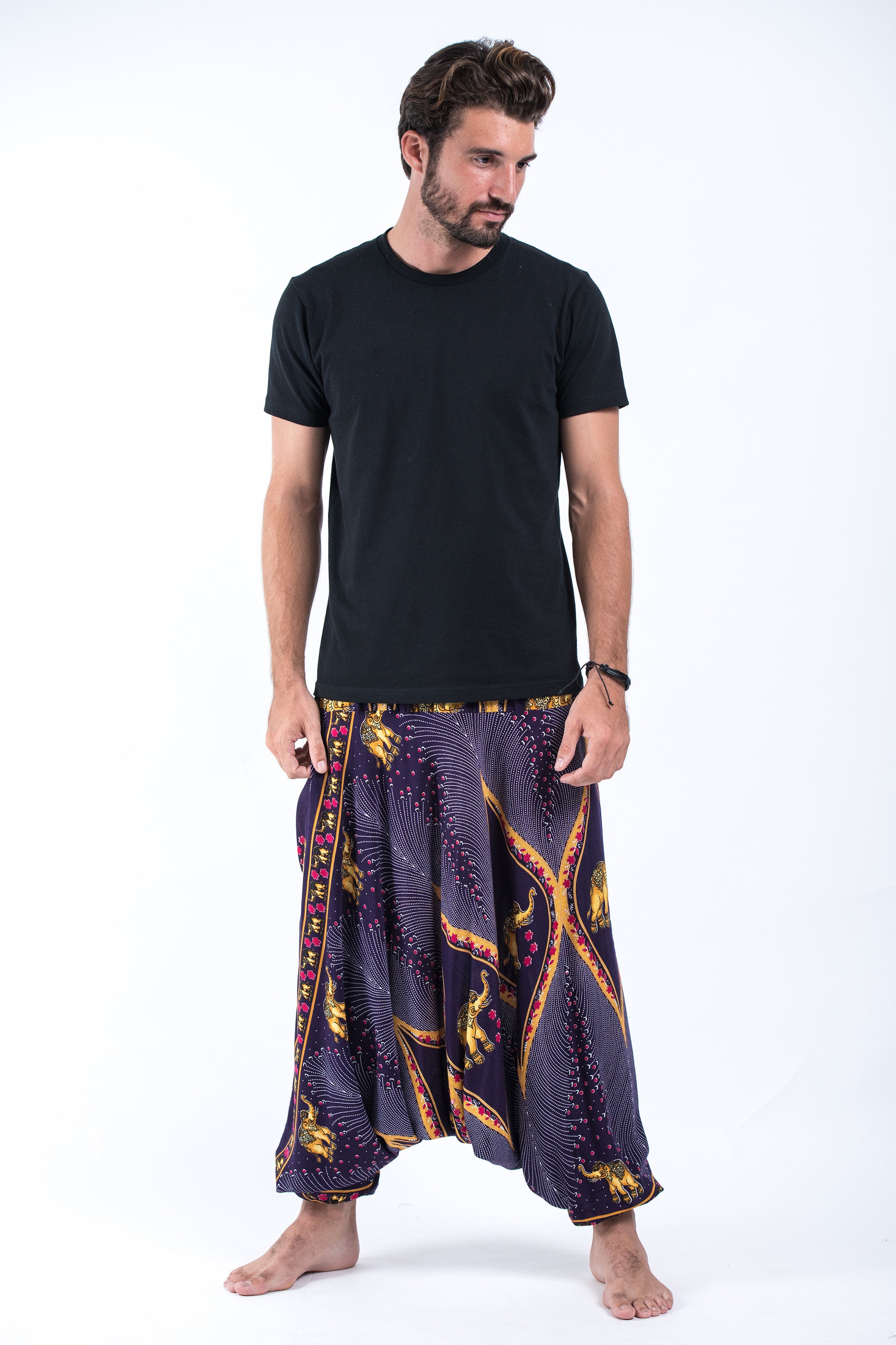 Peacock Elephant Drop Crotch Men's Elephant Pants in Purple