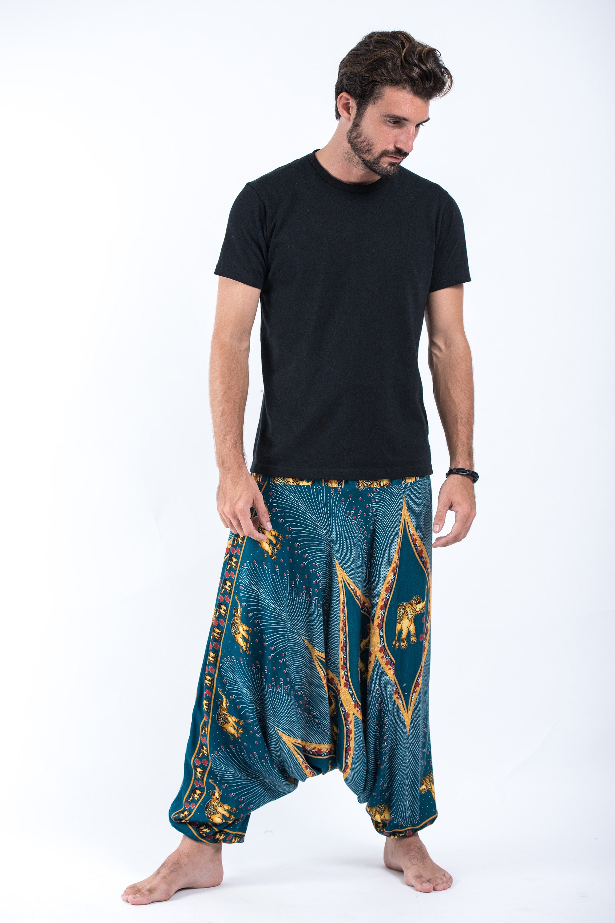 Peacock Elephant Drop Crotch Men's Elephant Pants in Turquoise