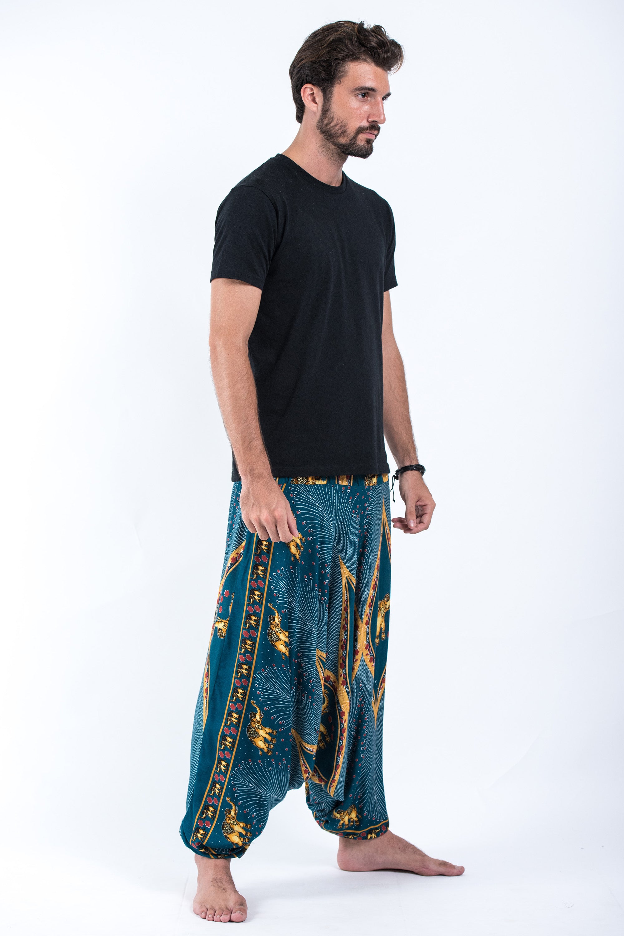 Peacock Elephant Drop Crotch Men's Elephant Pants in Turquoise