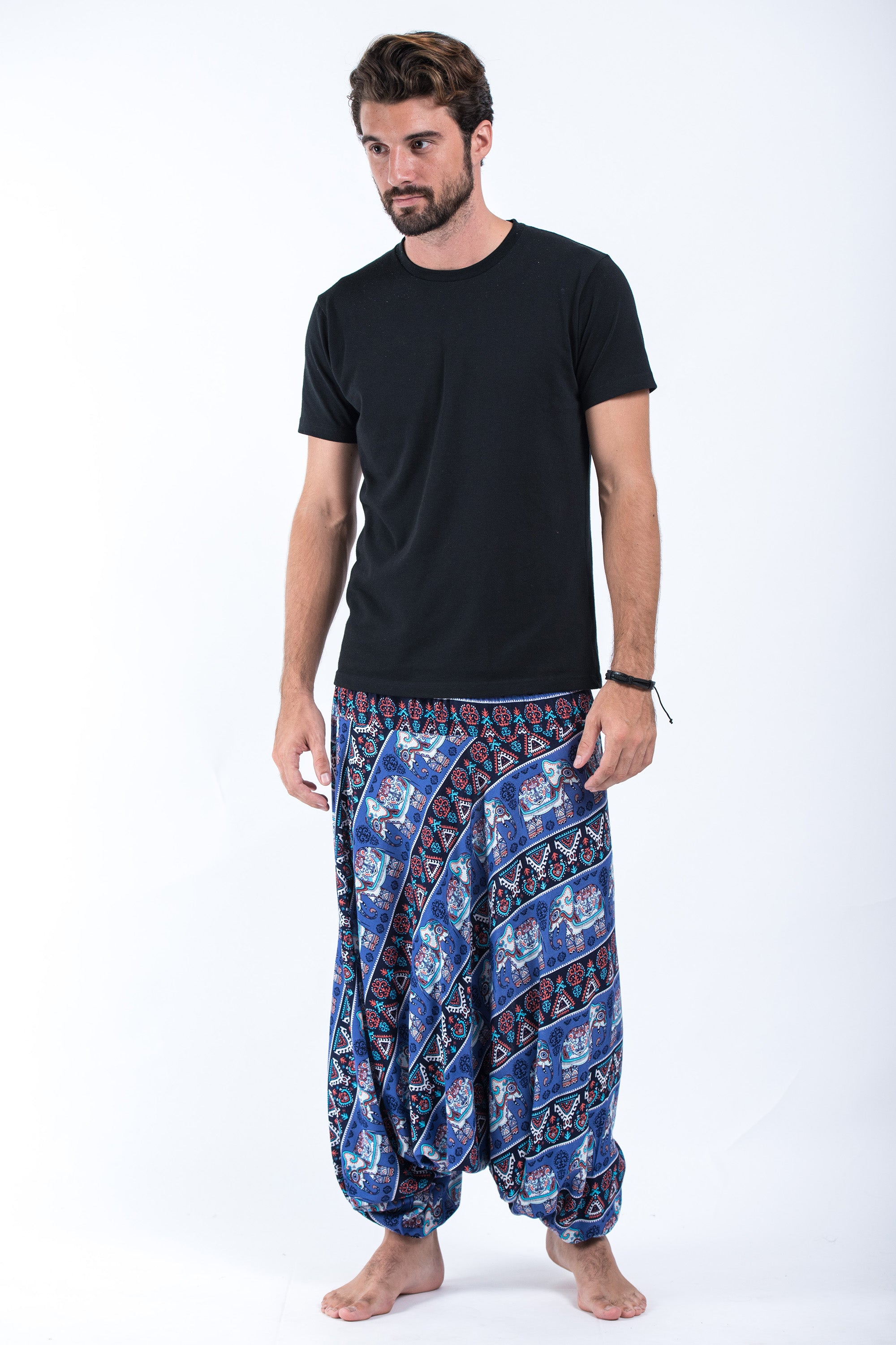 Aztec Elephant Drop Crotch Men's Elephant Pants in Blue – Harem Pants