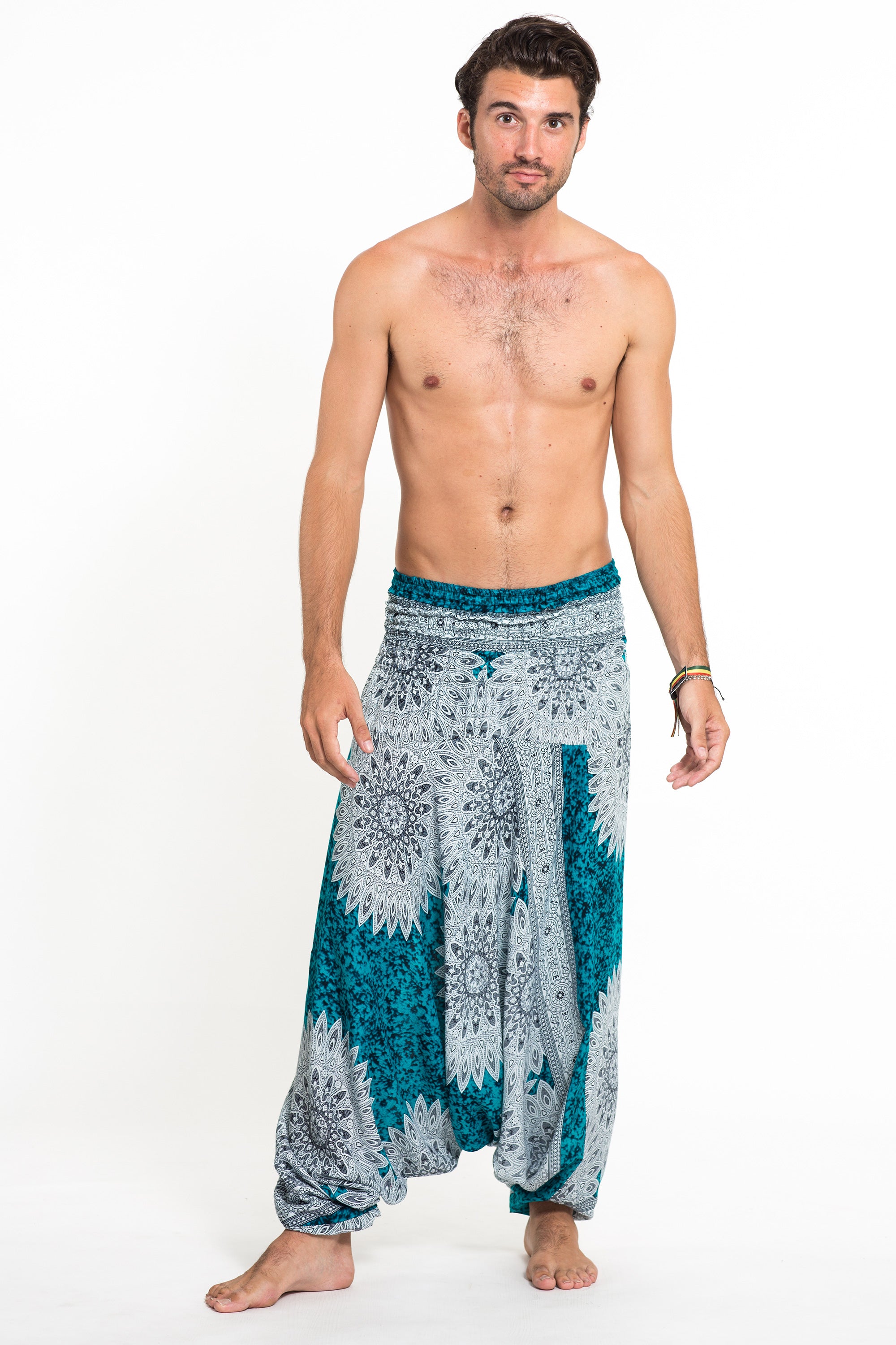 Marble Mandalas Drop Crotch Men's Harem Pants in Turquoise