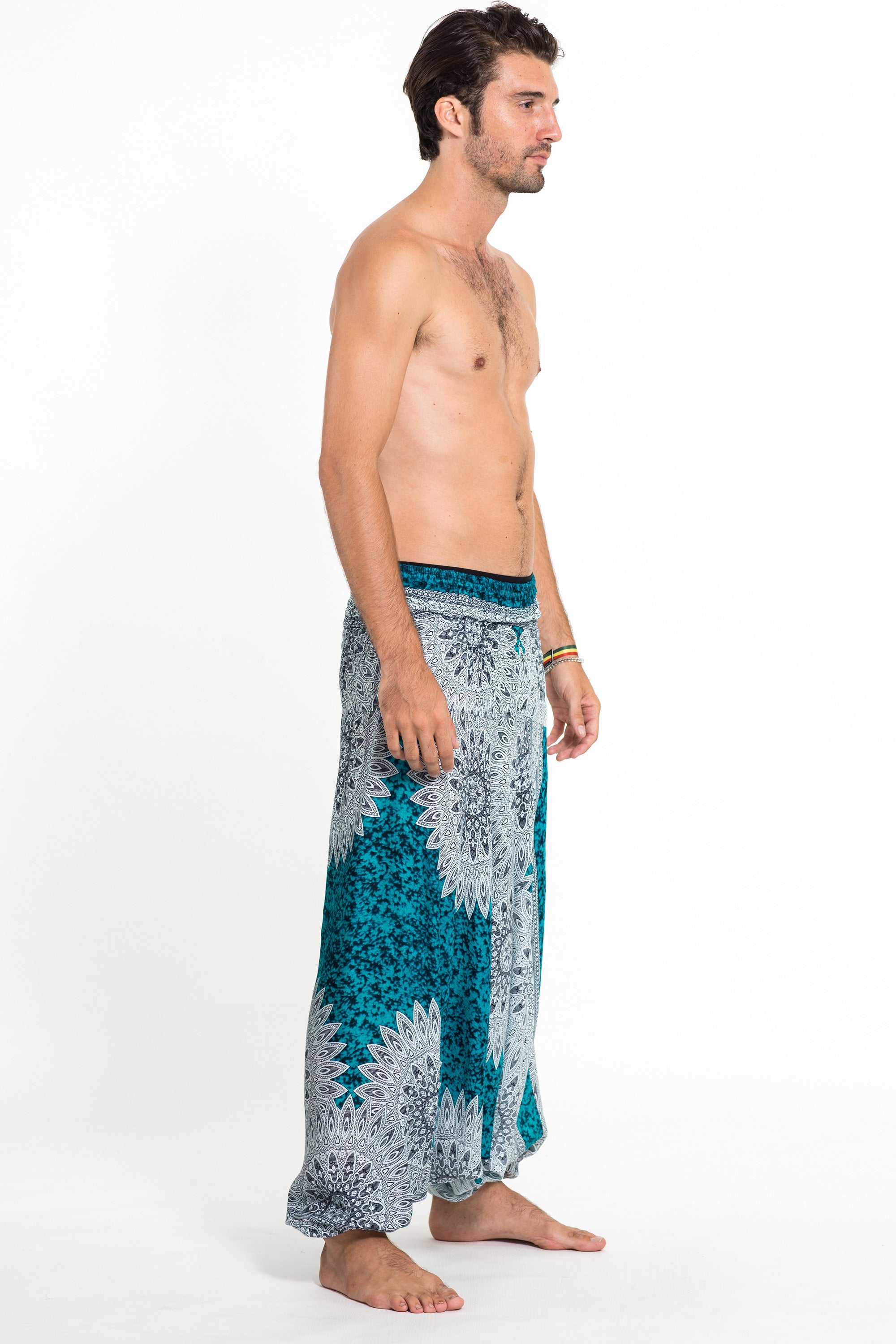 Marble Mandalas Drop Crotch Men's Harem Pants in Turquoise