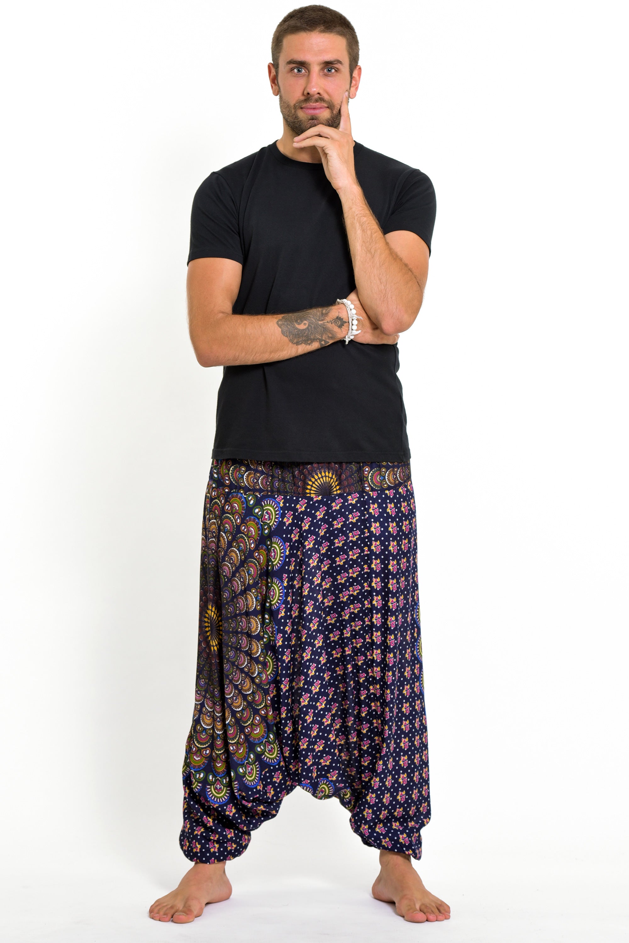 Peacock Mandalas Drop Crotch Men's Harem Pants in Blue