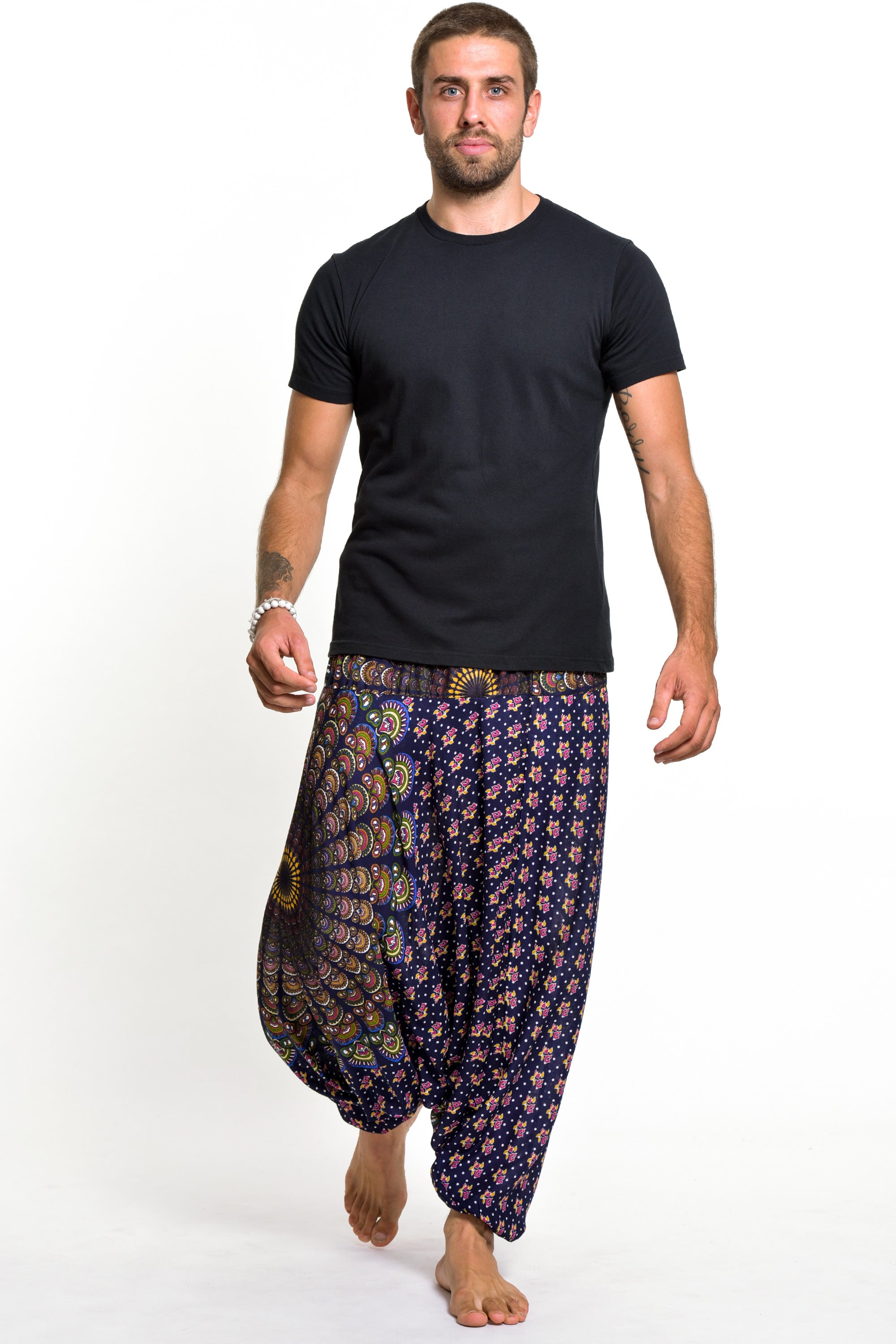 Peacock Mandalas Drop Crotch Men's Harem Pants in Blue