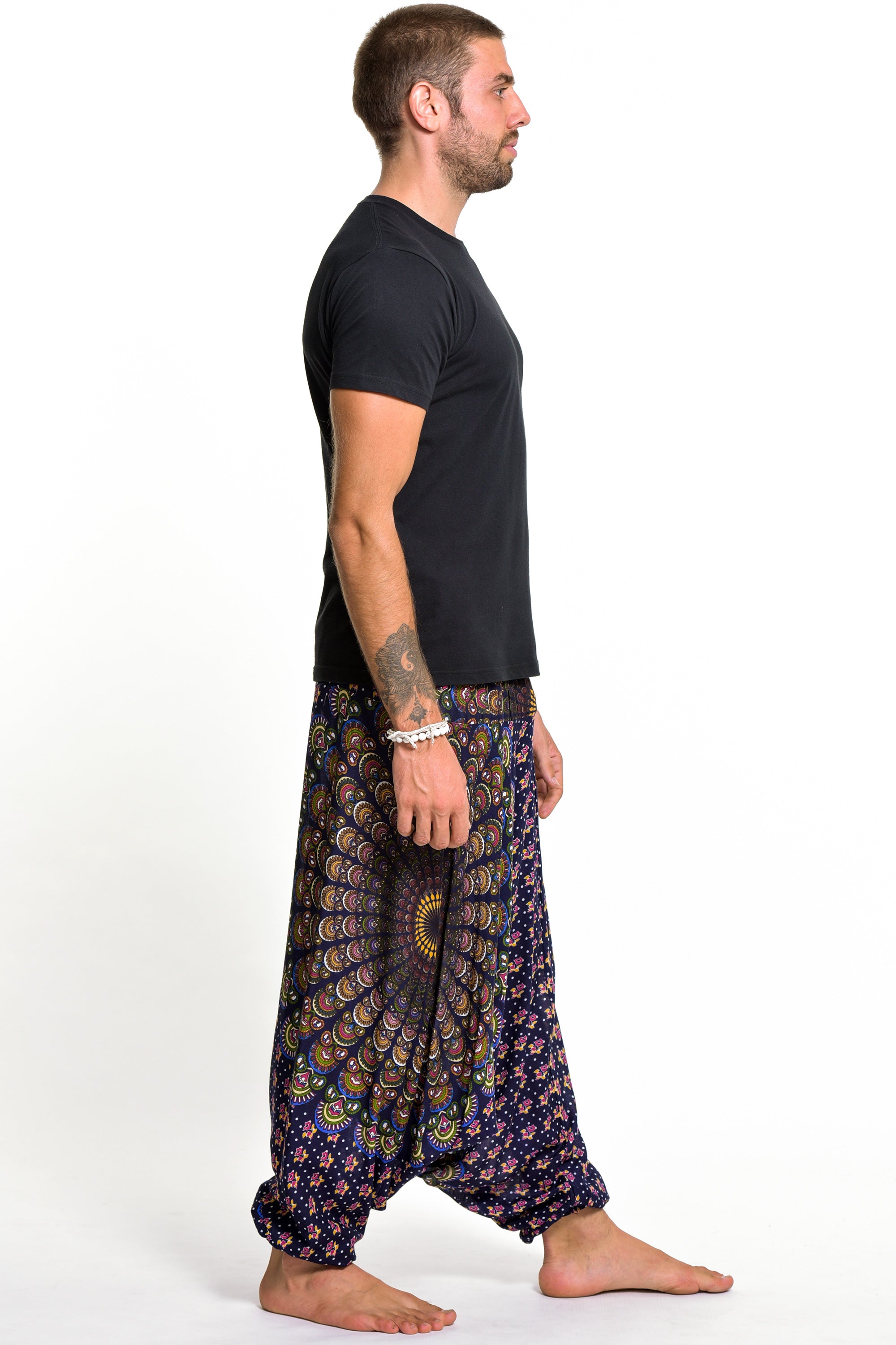 Peacock Mandalas Drop Crotch Men's Harem Pants in Blue