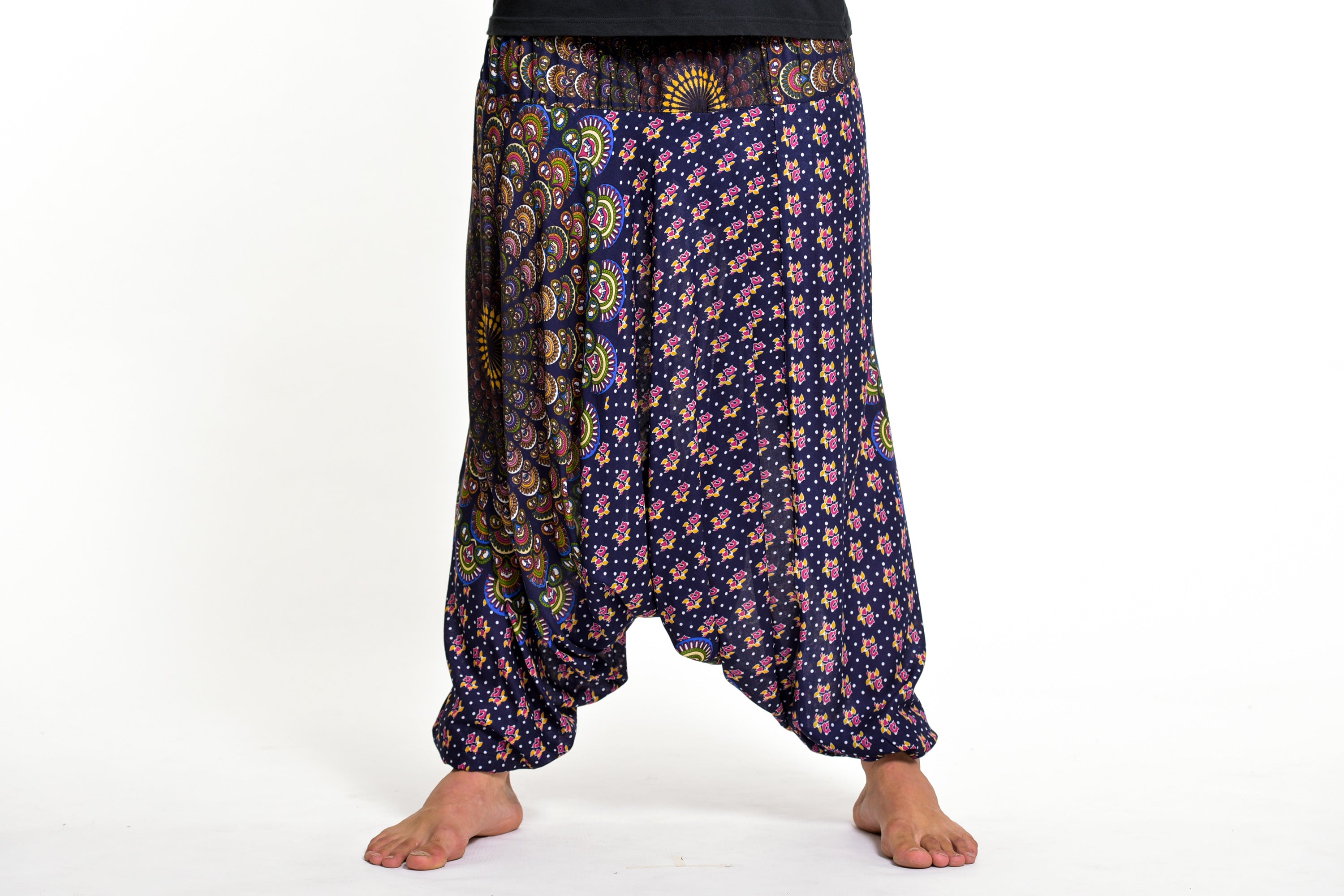 Peacock Mandalas Drop Crotch Men's Harem Pants in Blue