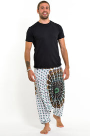 Peacock Mandalas Drop Crotch Men's Harem Pants in White