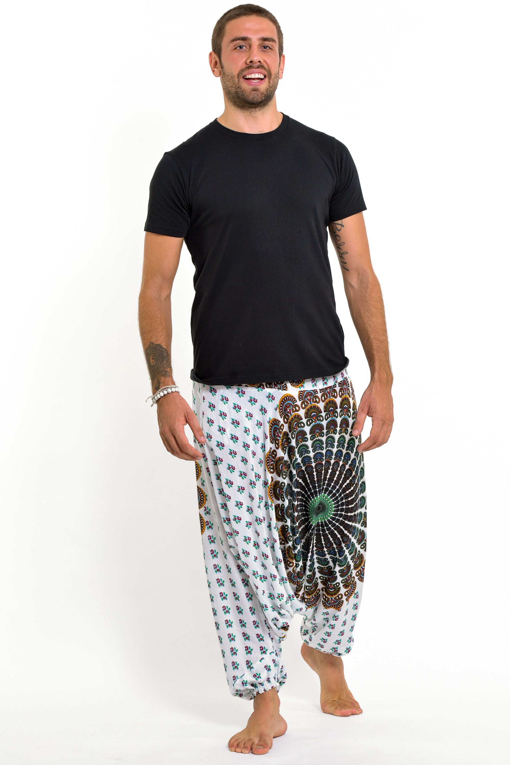 Peacock Mandalas Drop Crotch Men's Harem Pants in White