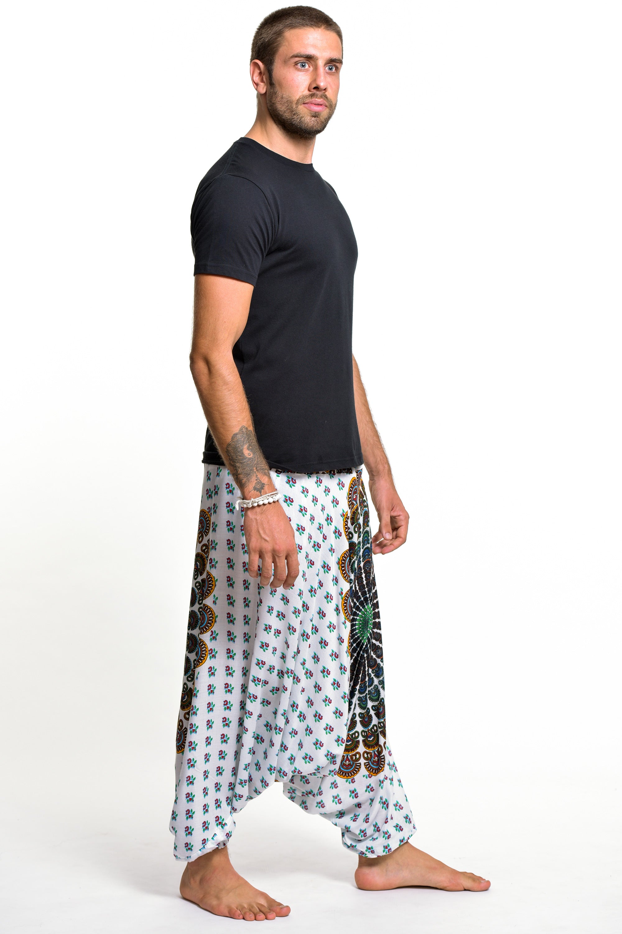 Peacock Mandalas Drop Crotch Men's Harem Pants in White