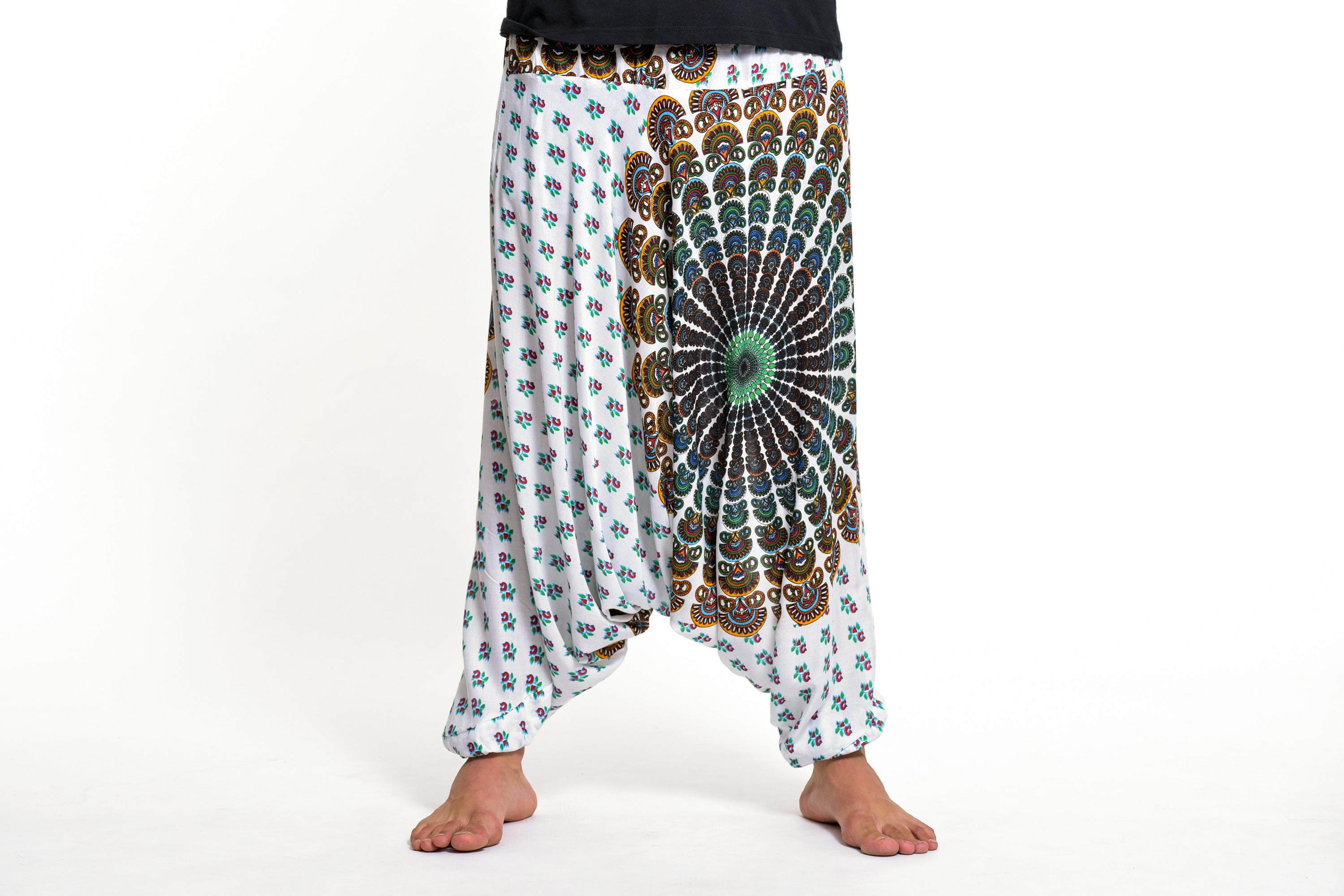 Peacock Mandalas Drop Crotch Men's Harem Pants in White