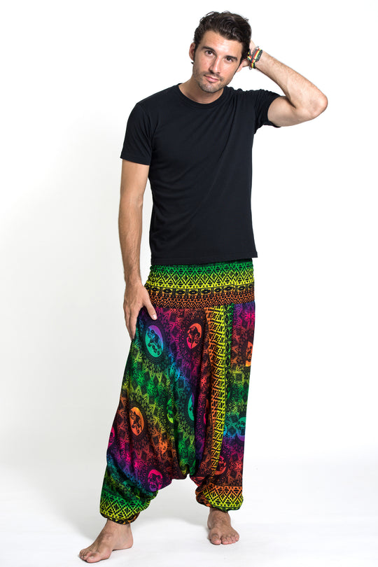 Rainbow Elephant Drop Crotch Men's Elephant Pants in Green