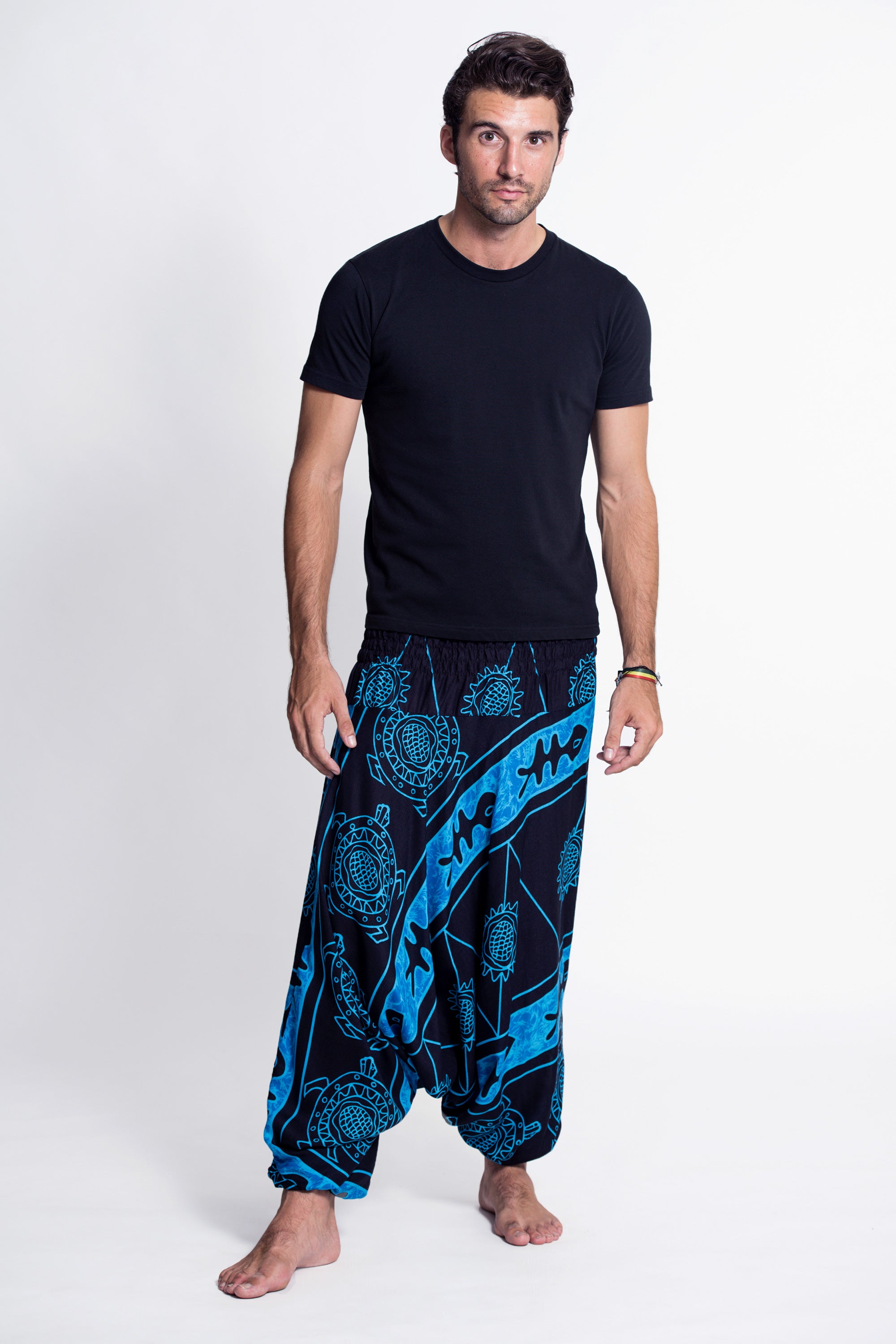 Turtle Print Drop Crotch Men's Harem Pants in Blue