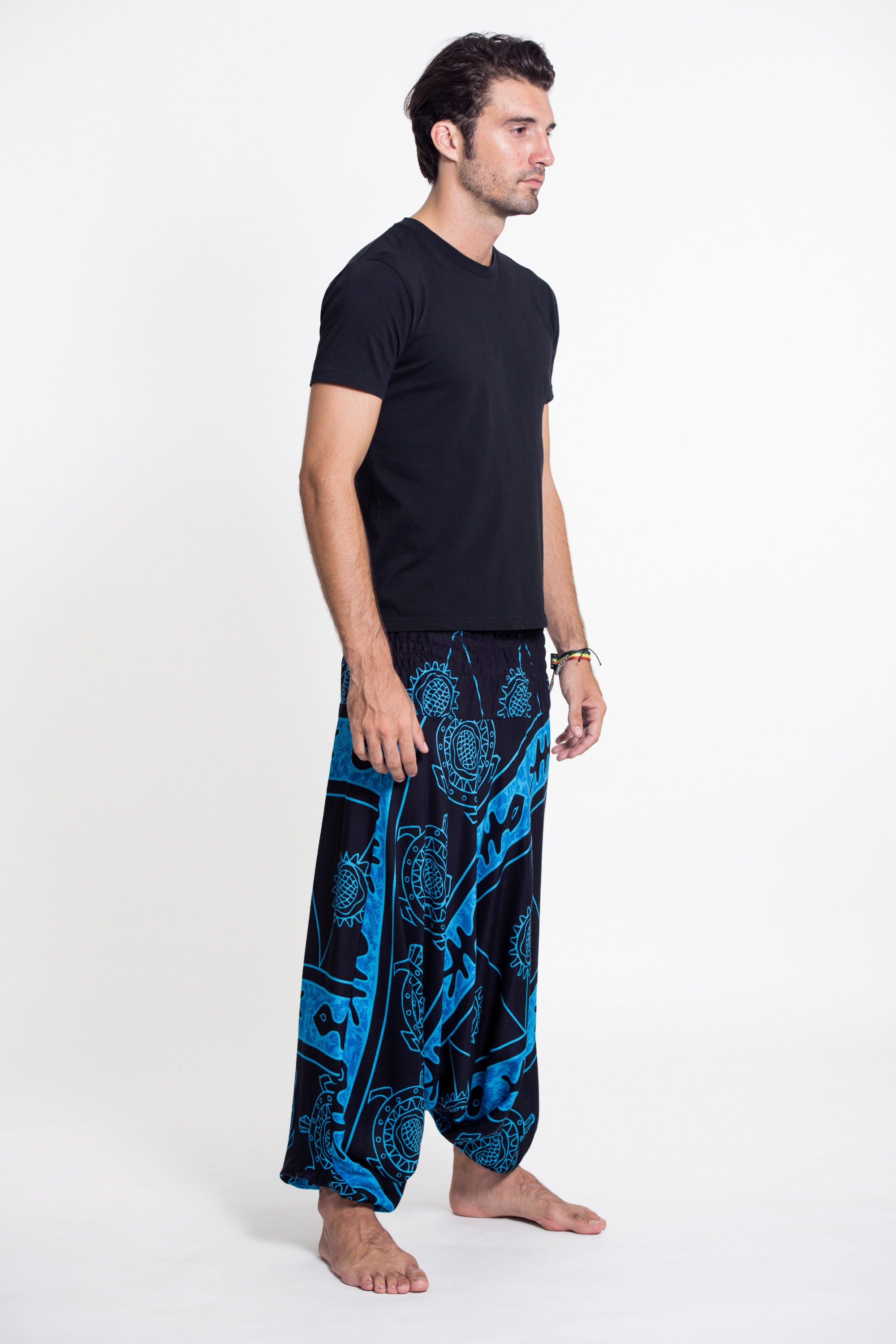 Turtle Print Drop Crotch Men's Harem Pants in Blue