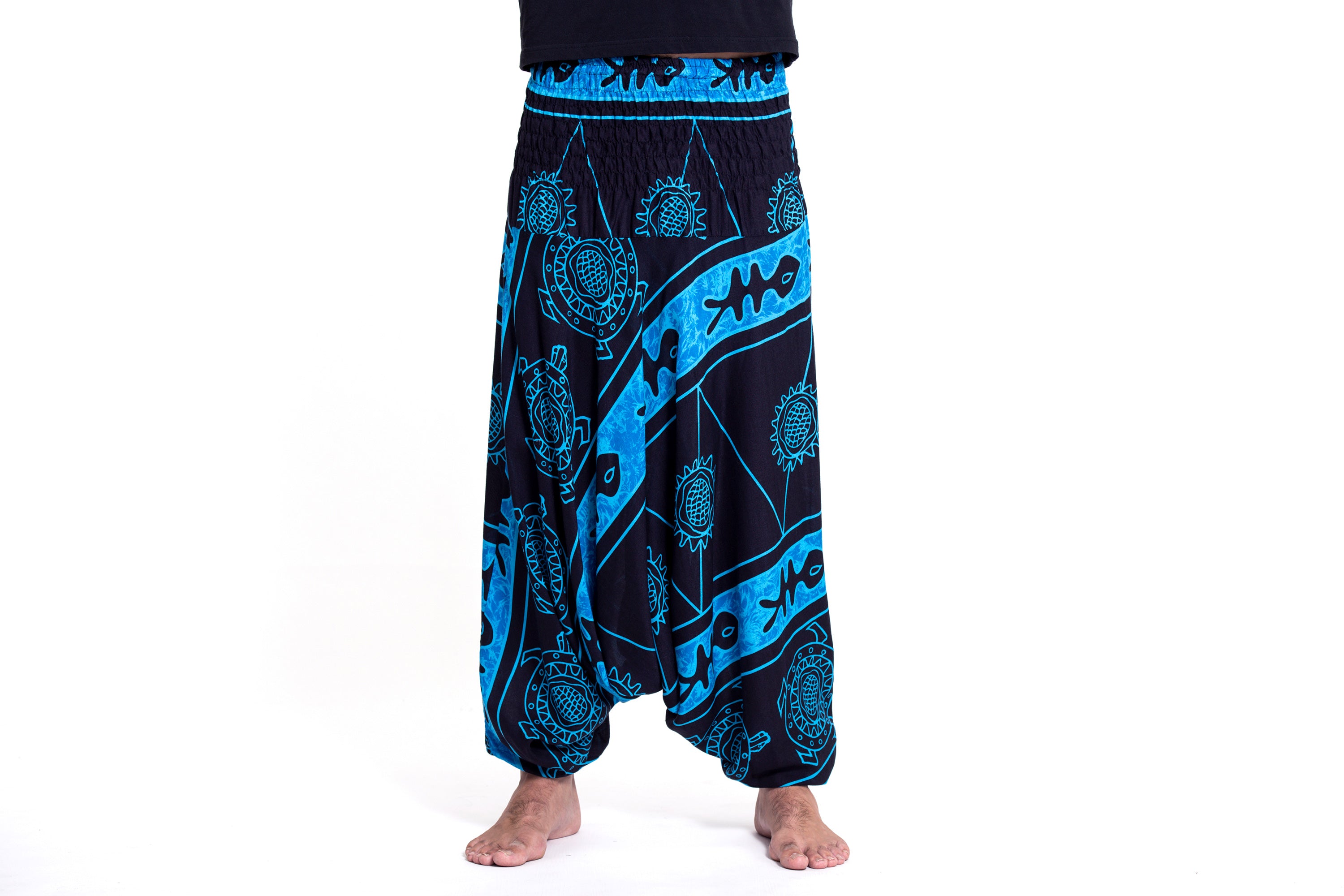 Turtle Print Drop Crotch Men's Harem Pants in Blue
