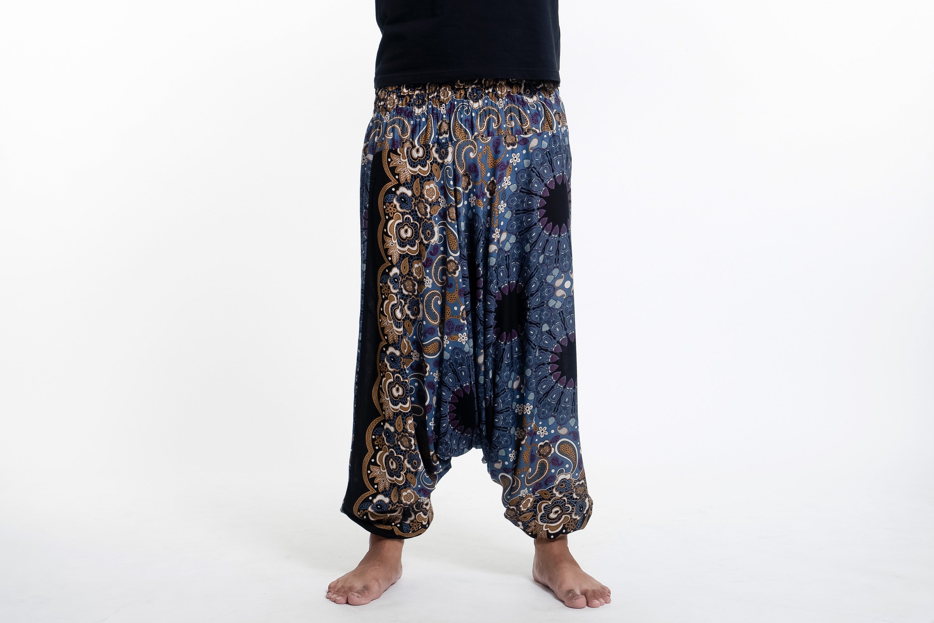 Paisley Mandalas Drop Crotch Men's Harem Pants in Blue Gray