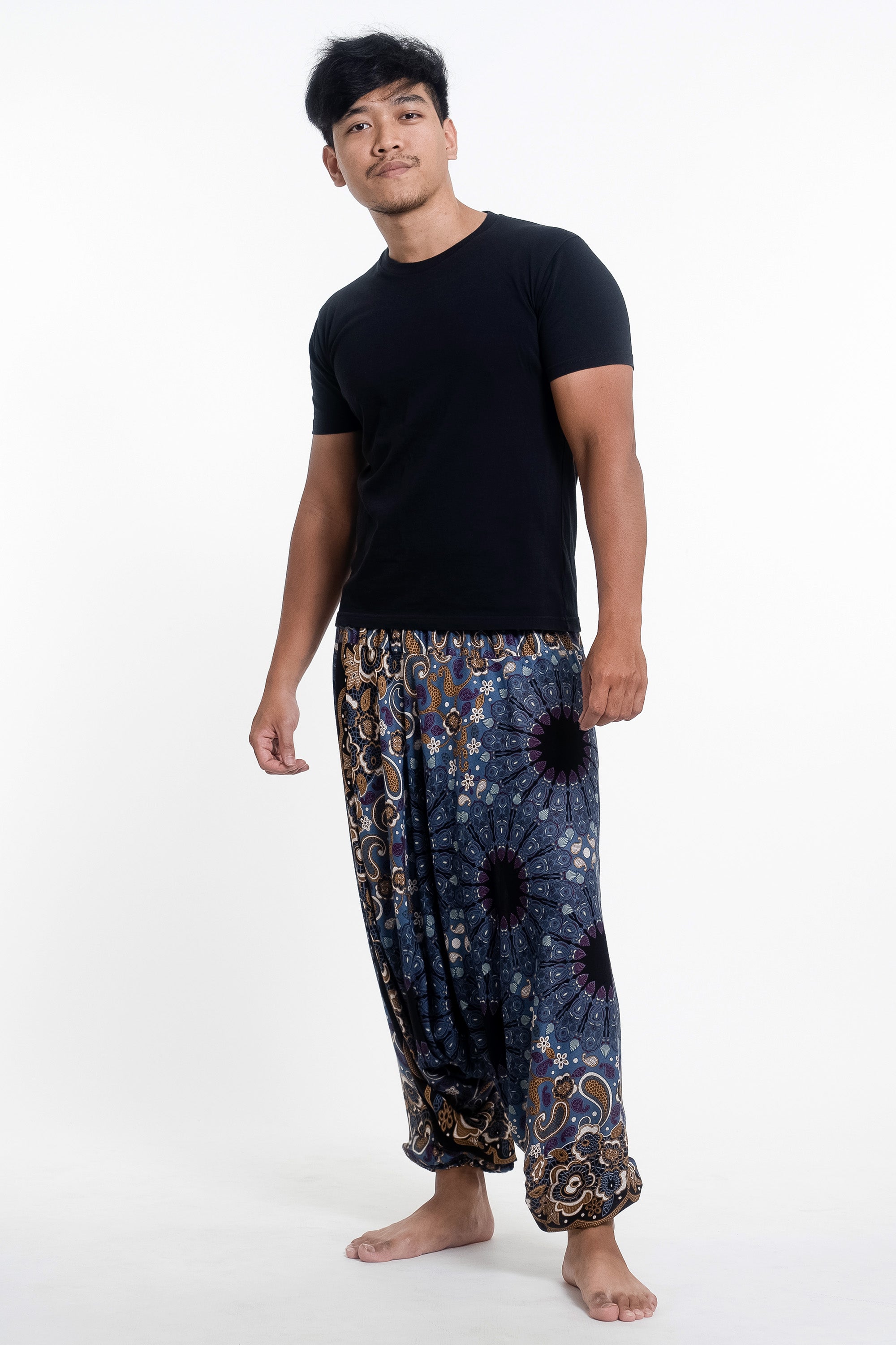 Paisley Mandalas Drop Crotch Men's Harem Pants in Blue Gray