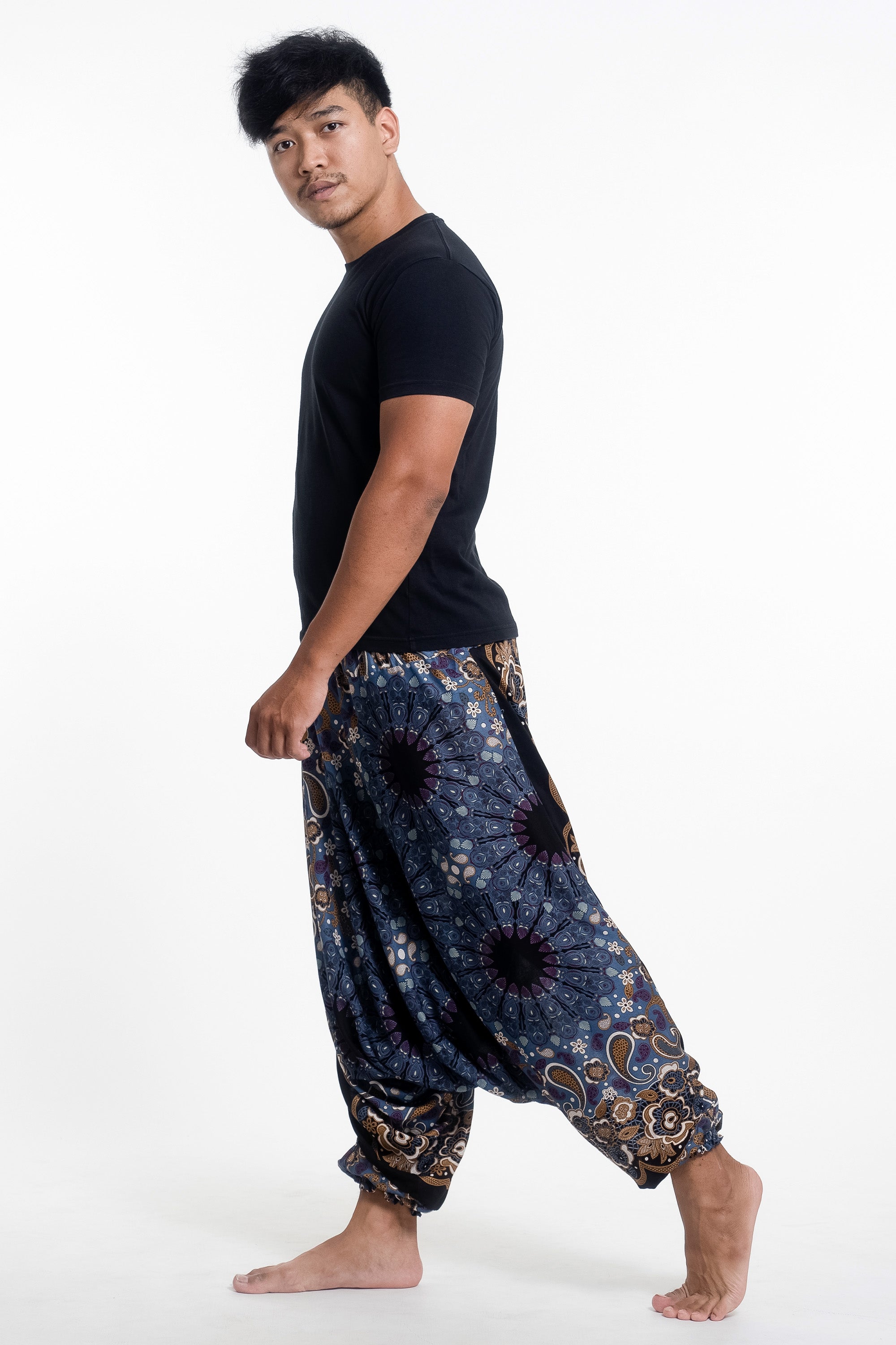 Paisley Mandalas Drop Crotch Men's Harem Pants in Blue Gray