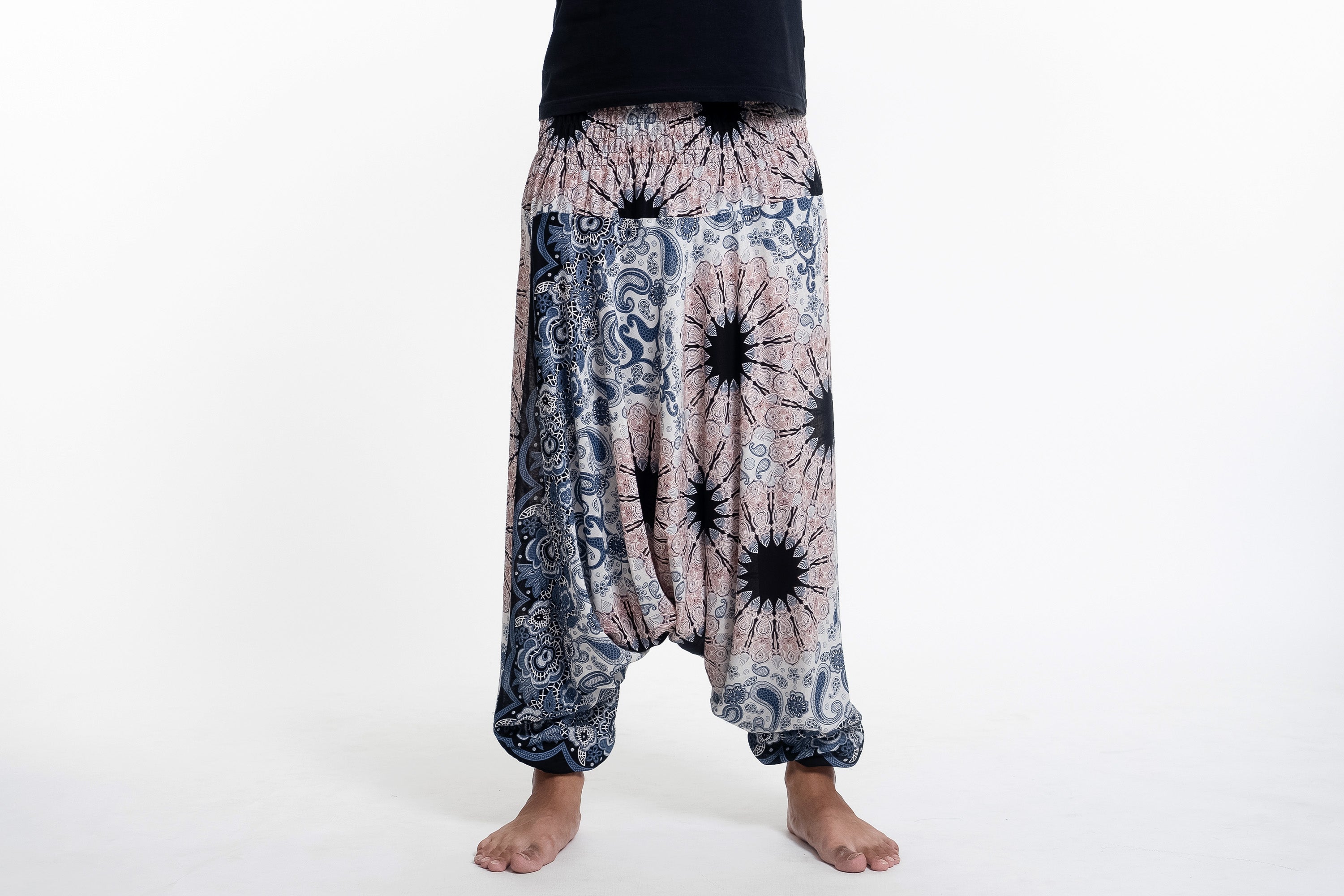 Paisley Mandalas Drop Crotch Men's Harem Pants in Silver Gray