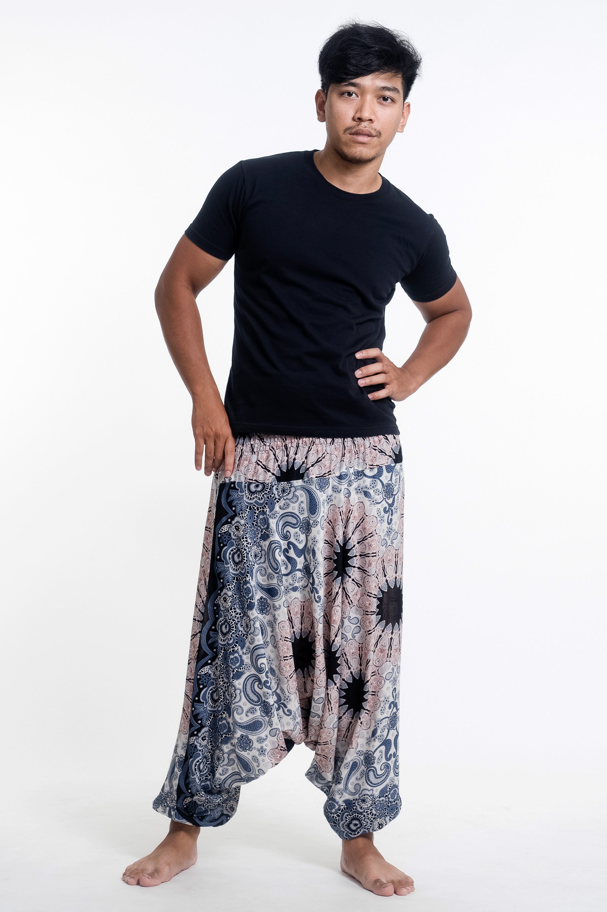 Paisley Mandalas Drop Crotch Men's Harem Pants in Silver Gray