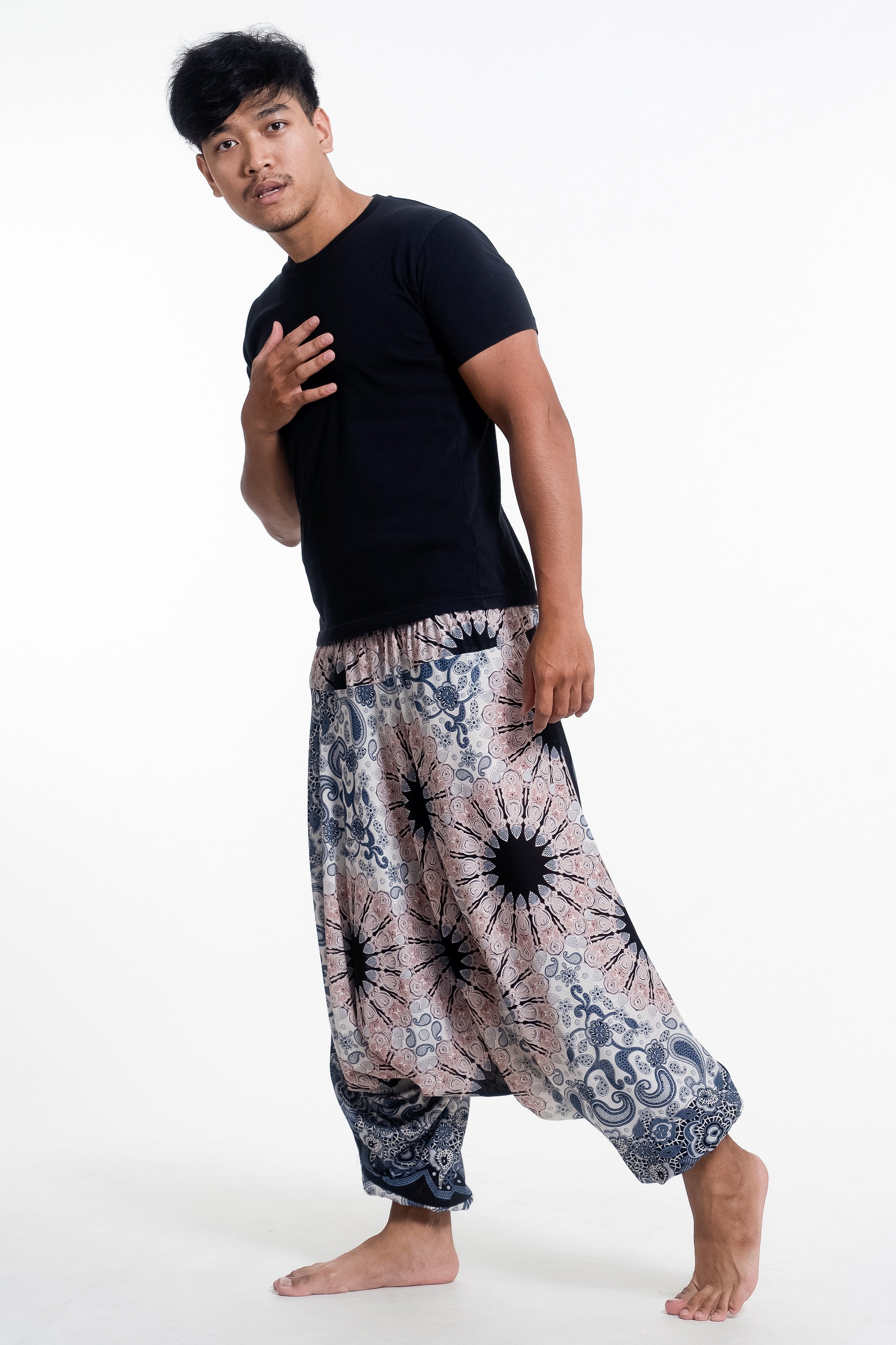Paisley Mandalas Drop Crotch Men's Harem Pants in Silver Gray