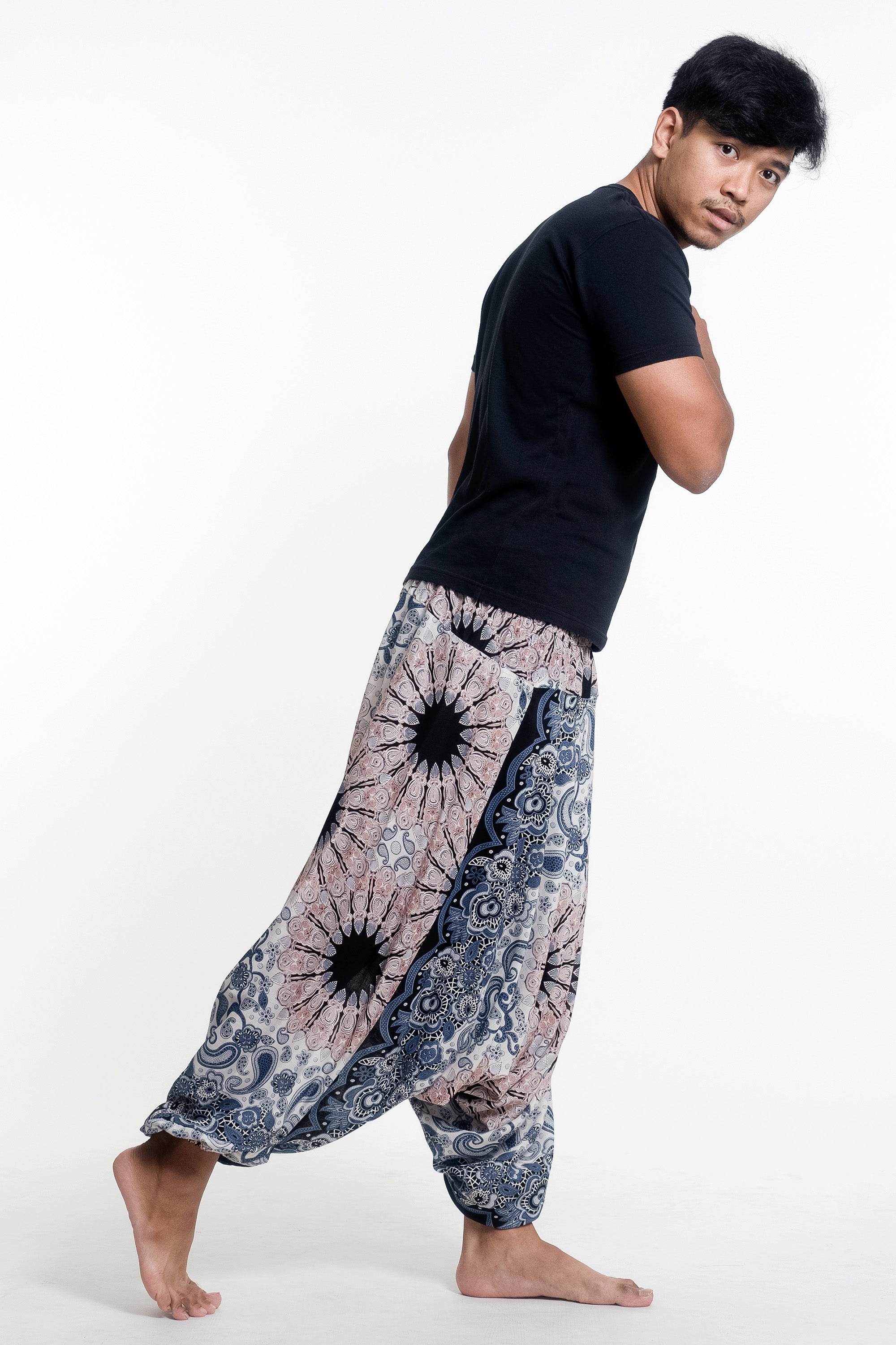 Paisley Mandalas Drop Crotch Men's Harem Pants in Silver Gray