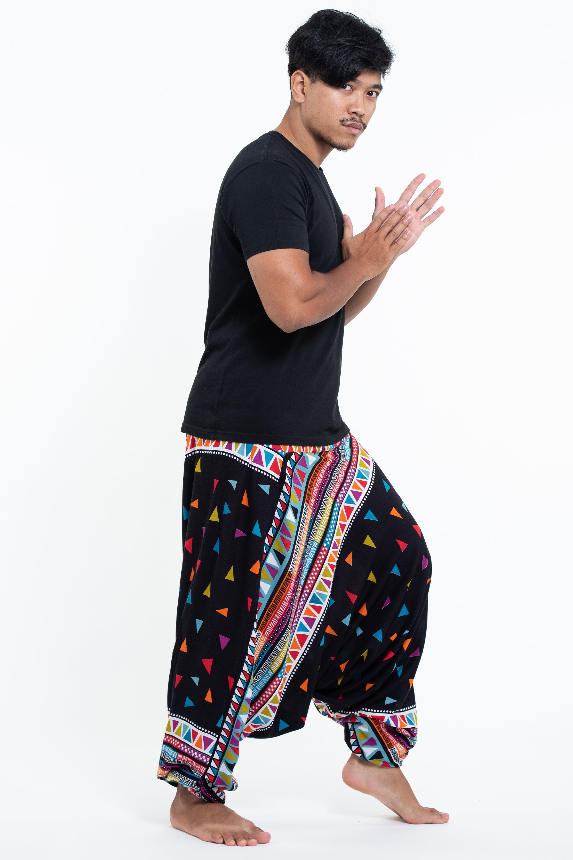 Triangles Drop Crotch Men's Harem Pants in Black