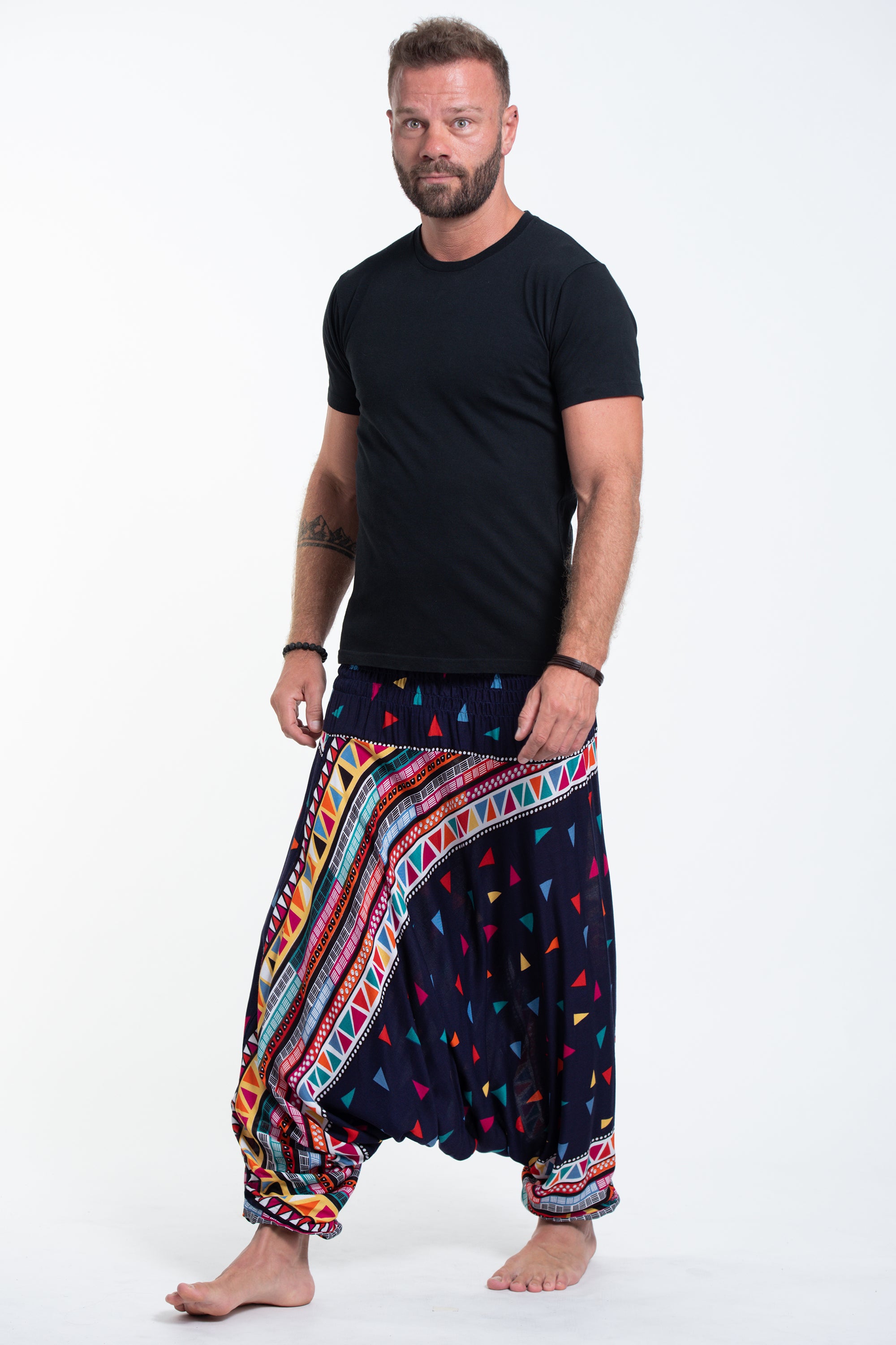 Triangles Drop Crotch Men's Harem Pants in Navy