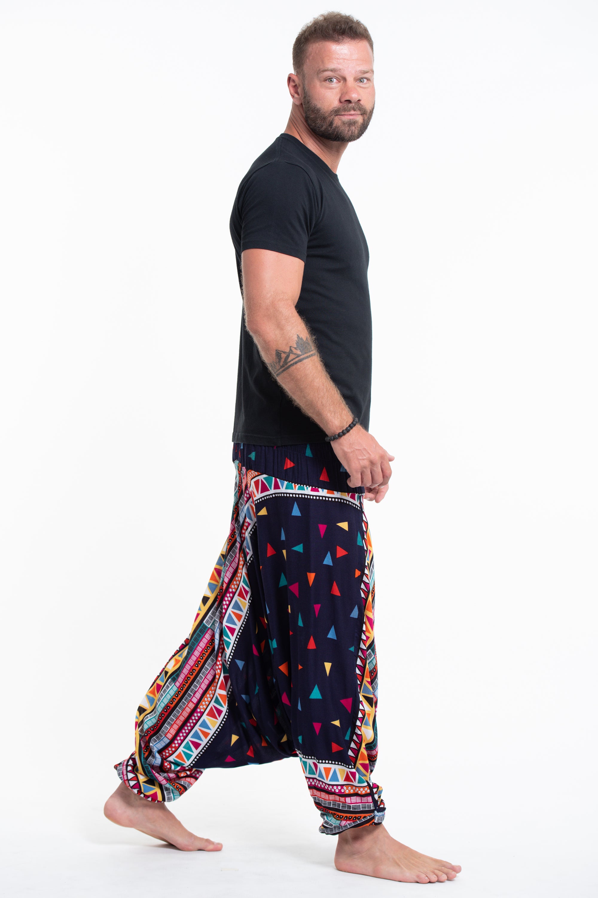 Triangles Drop Crotch Men's Harem Pants in Navy