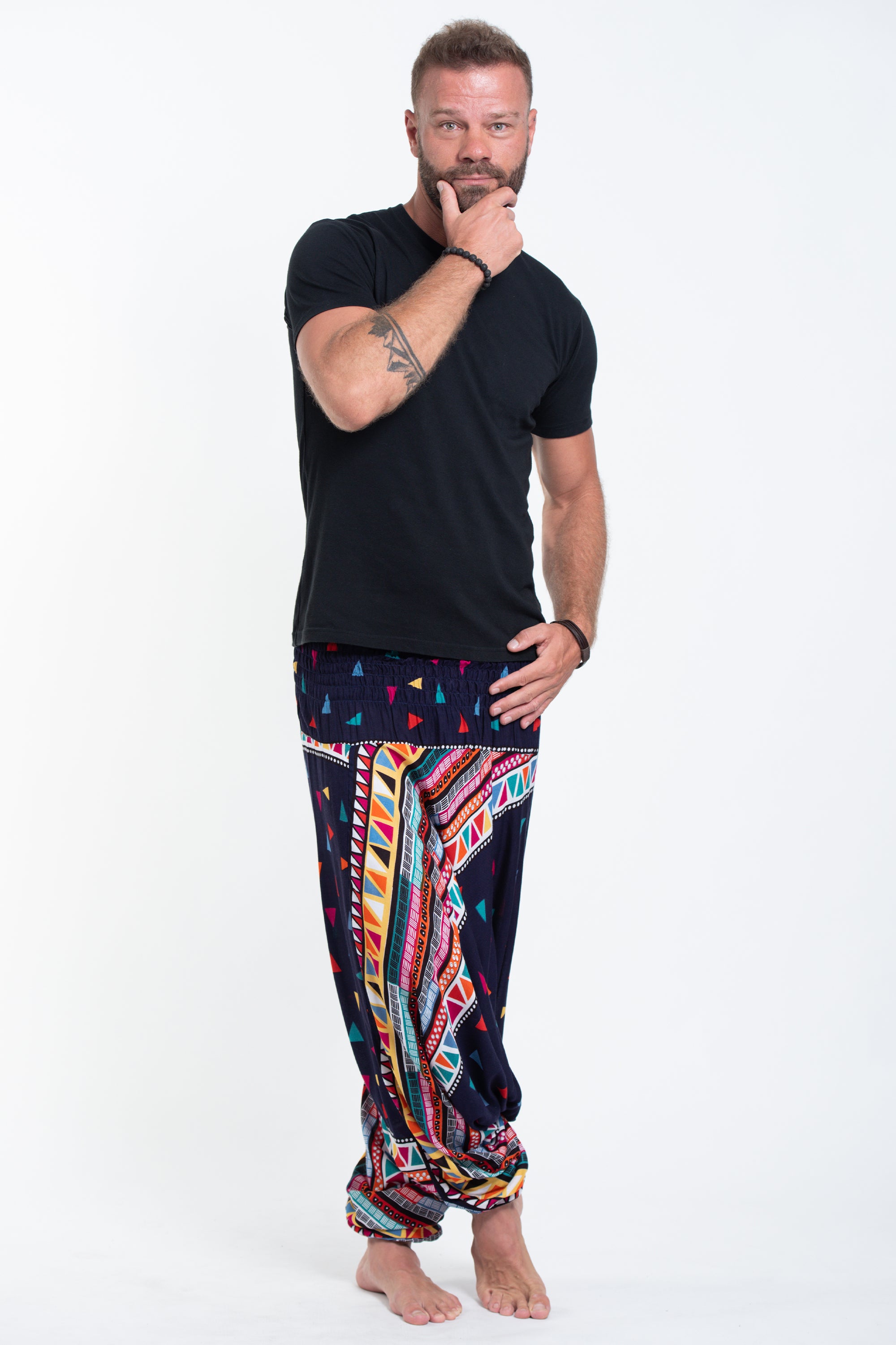 Triangles Drop Crotch Men's Harem Pants in Navy
