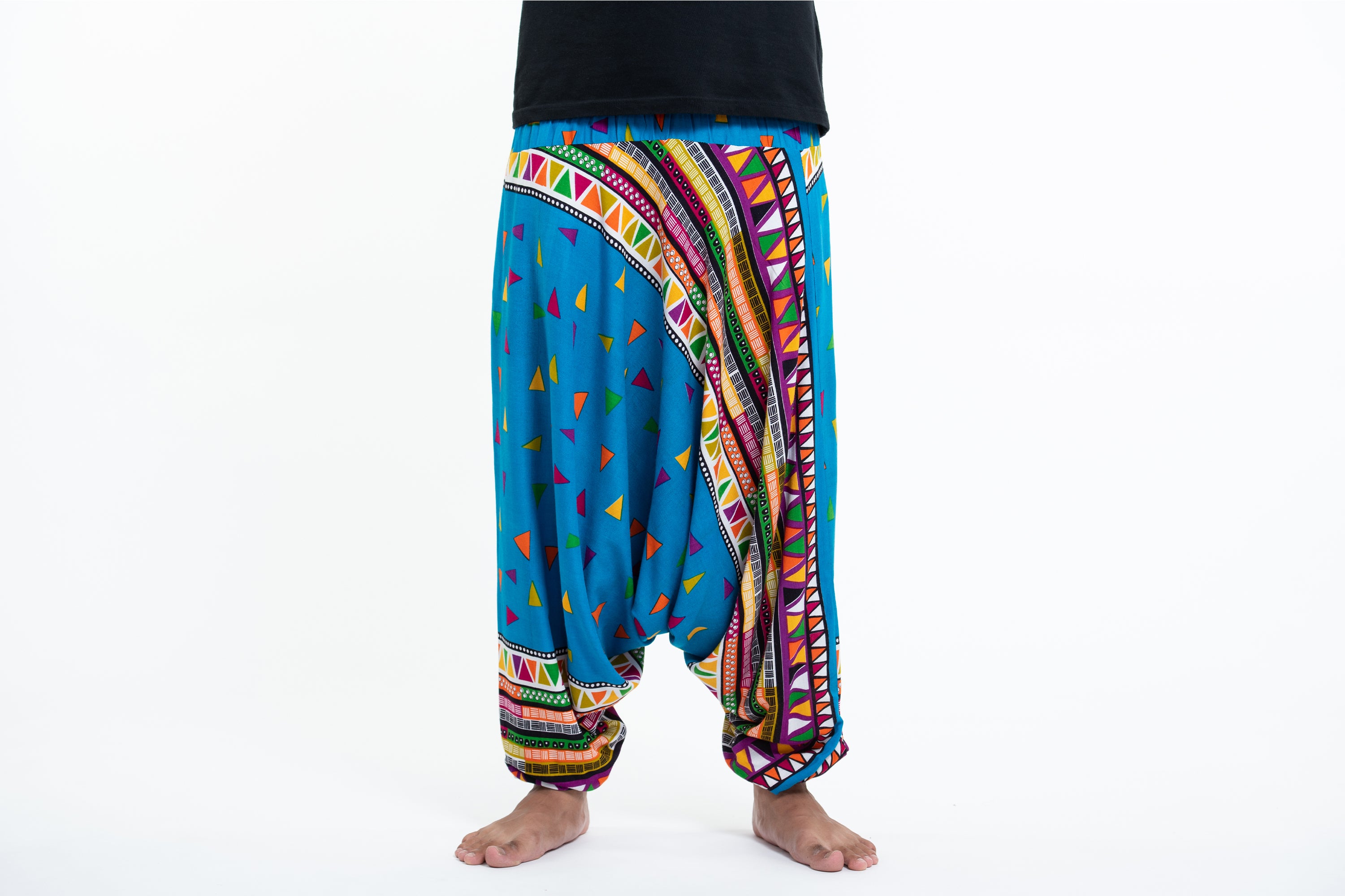 Triangles Drop Crotch Men's Harem Pants in Ocean Blue