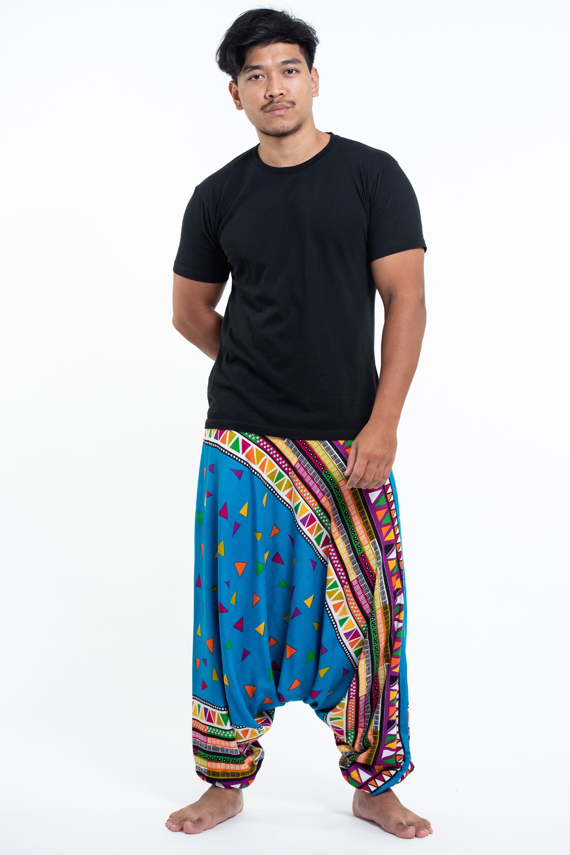 Triangles Drop Crotch Men's Harem Pants in Ocean Blue