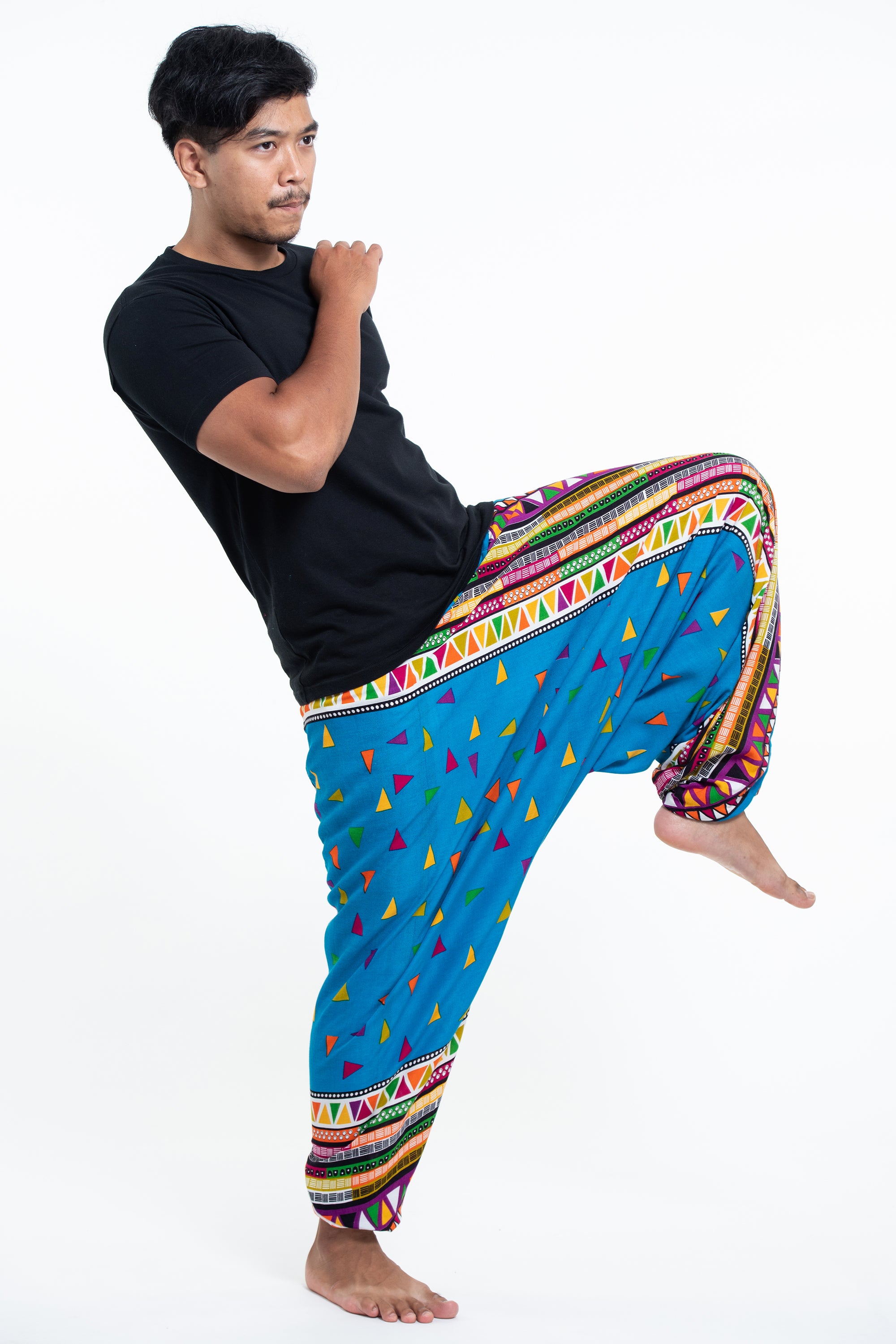 Triangles Drop Crotch Men's Harem Pants in Ocean Blue