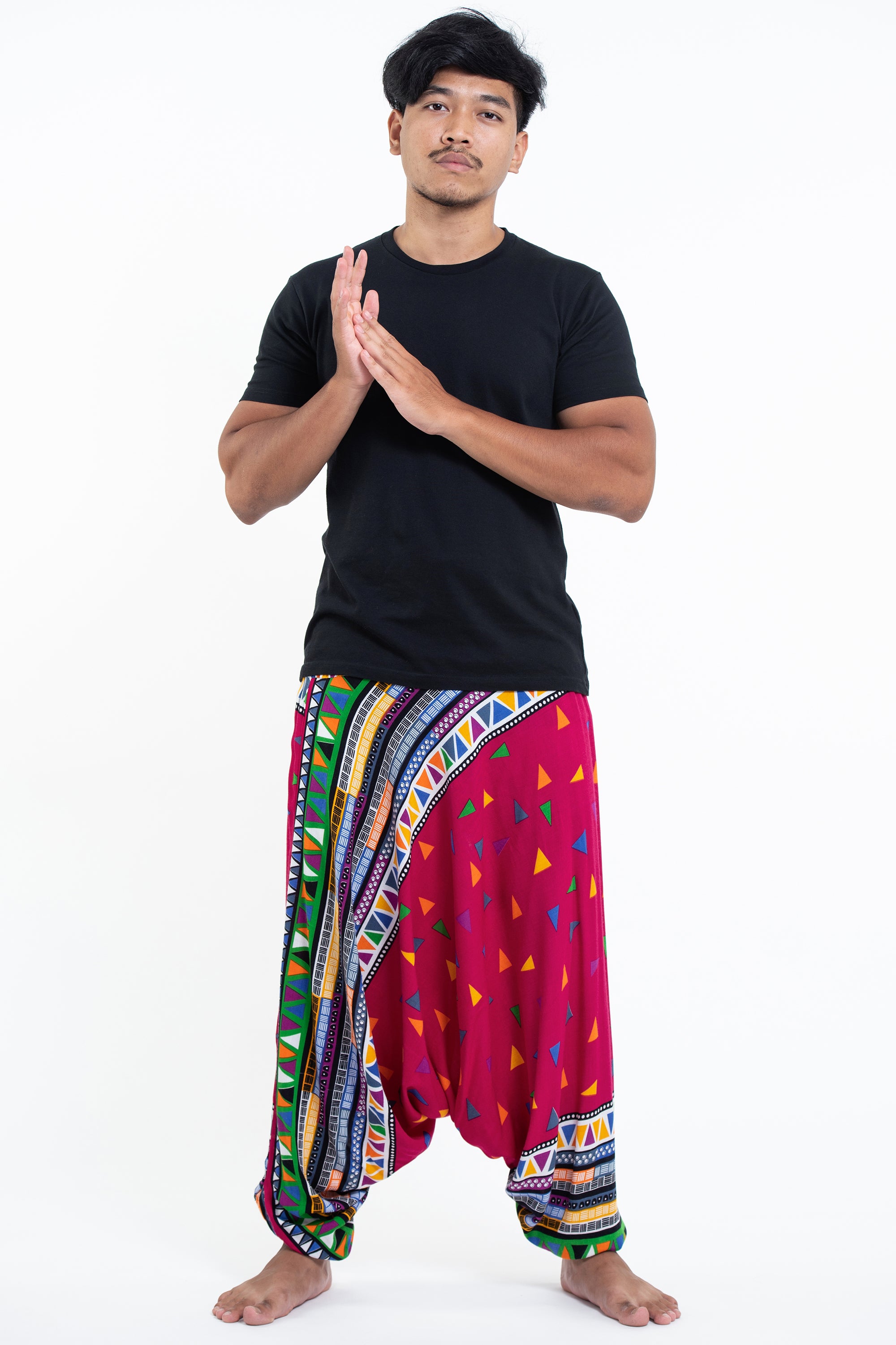 Triangles Drop Crotch Men's Harem Pants in Pink
