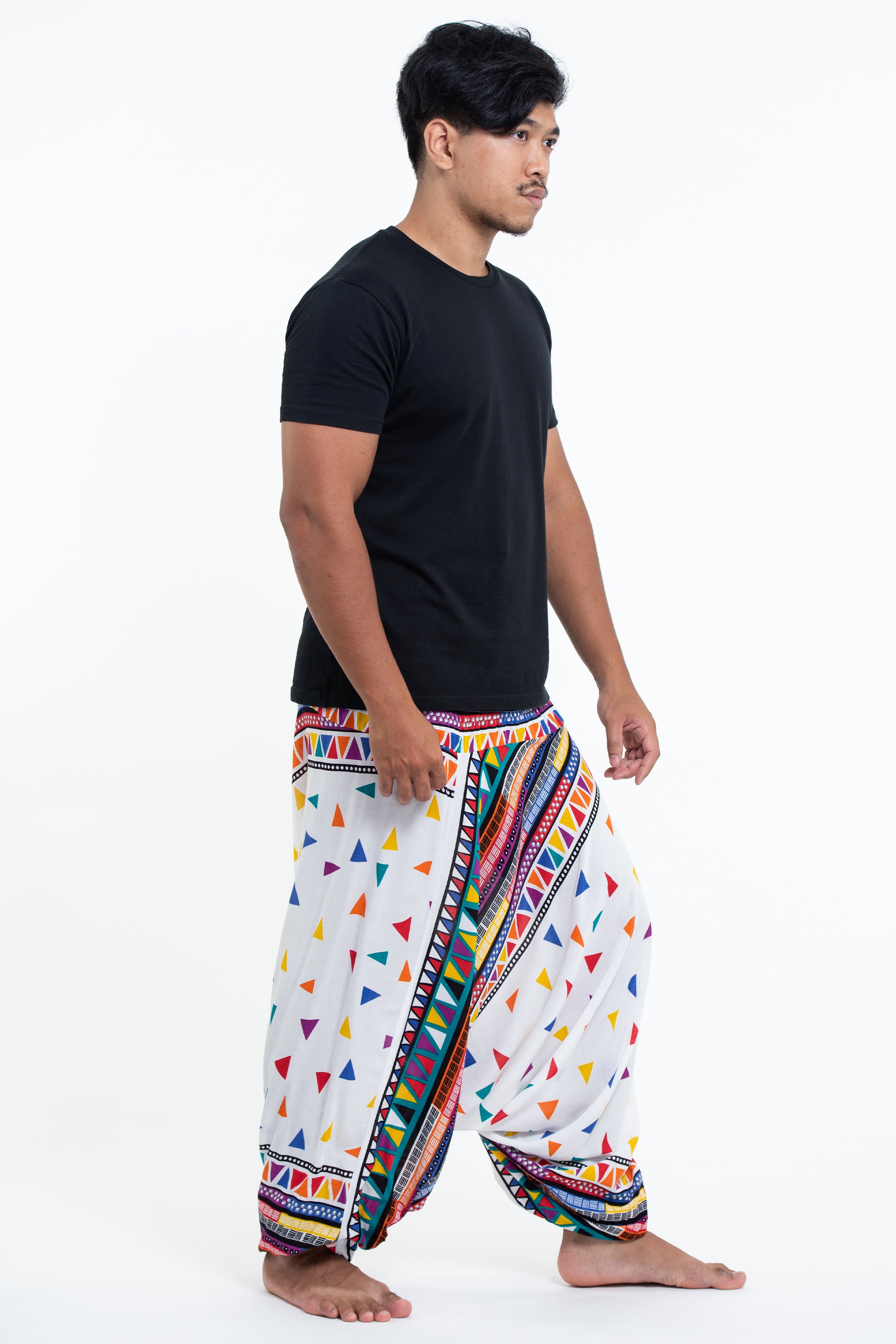 Triangles Drop Crotch Men's Harem Pants in White