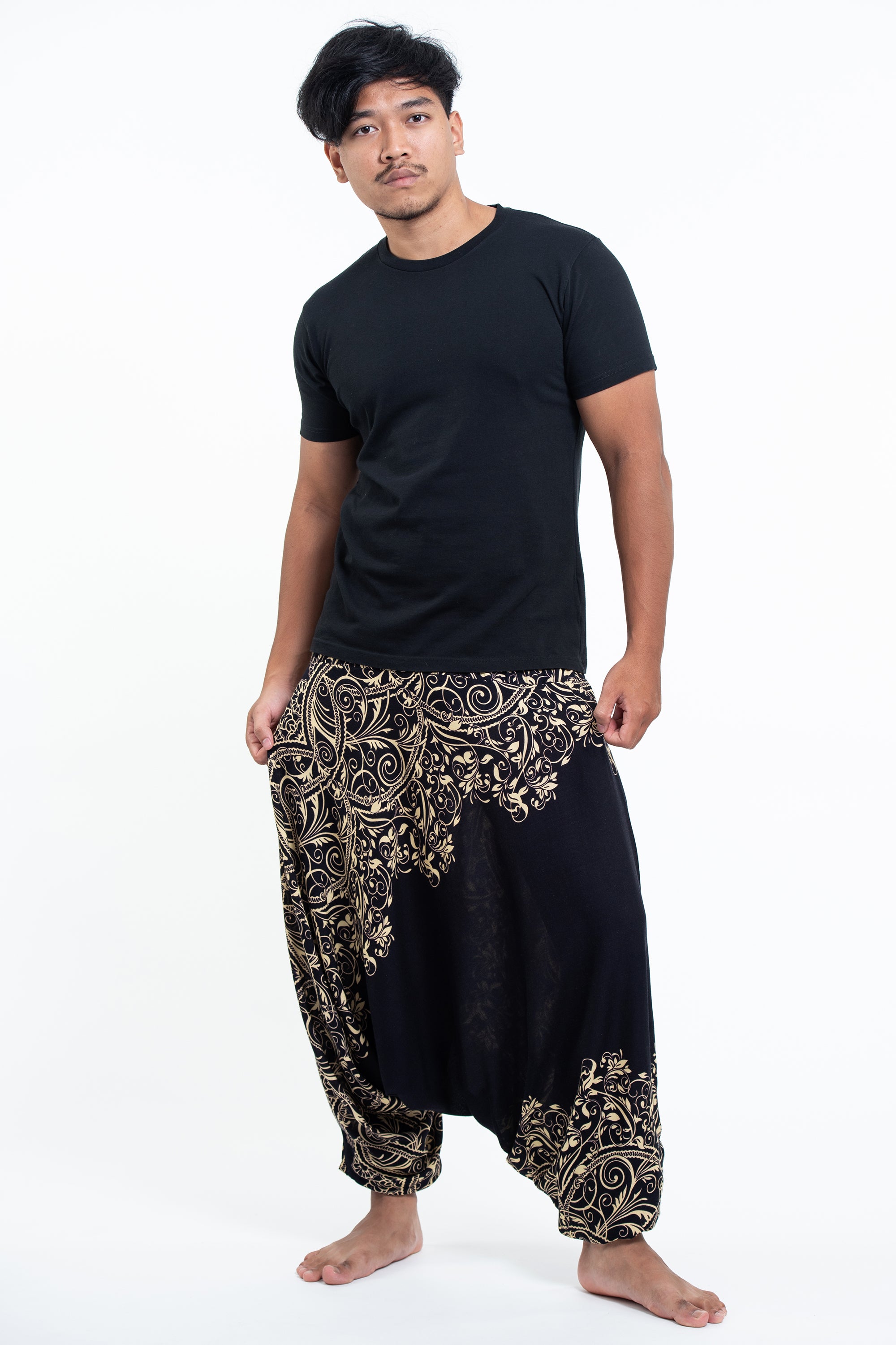 Vines Drop Crotch Men's Harem Pants in Black