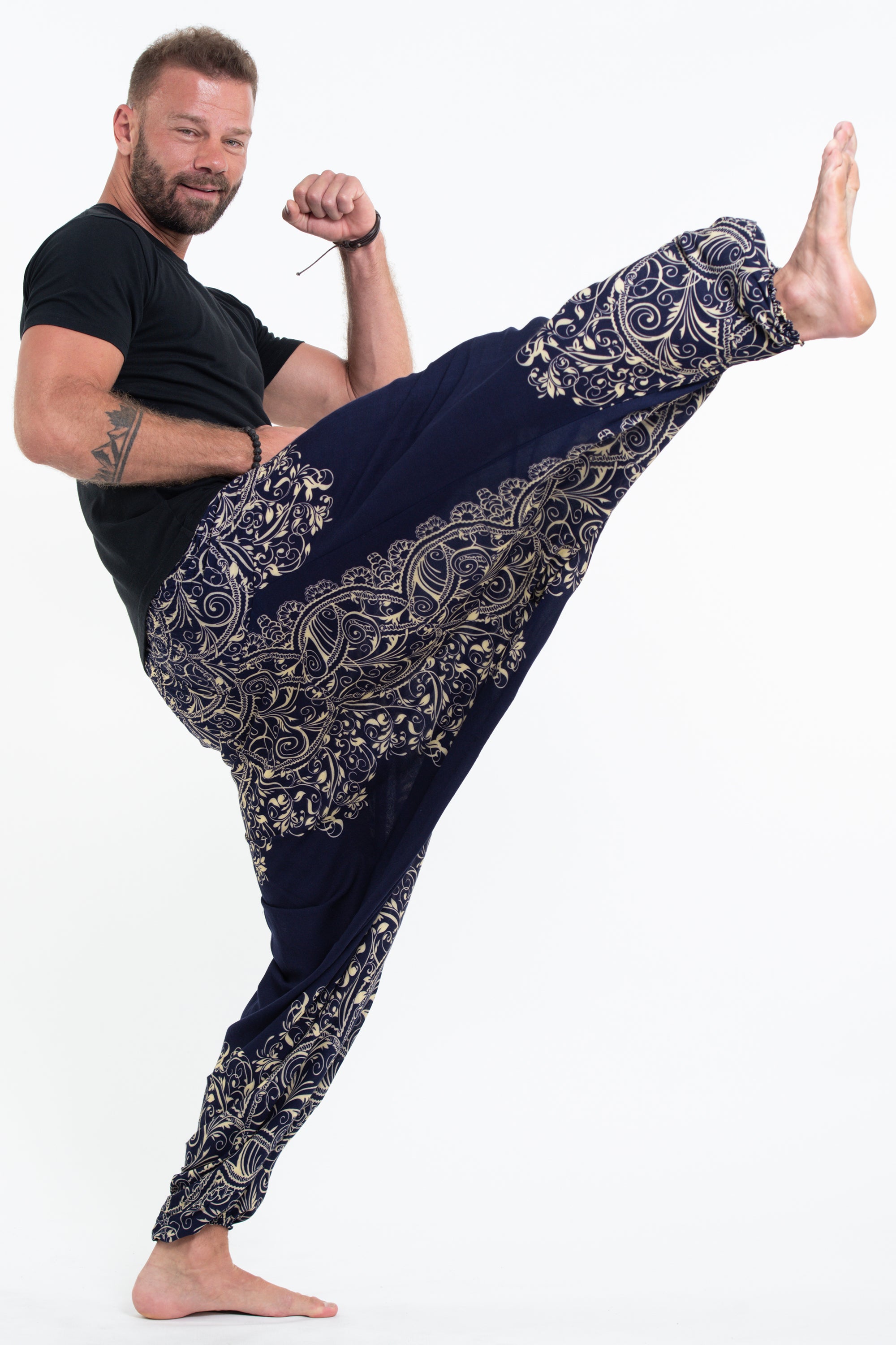 Vines Drop Crotch Men's Harem Pants in Blue