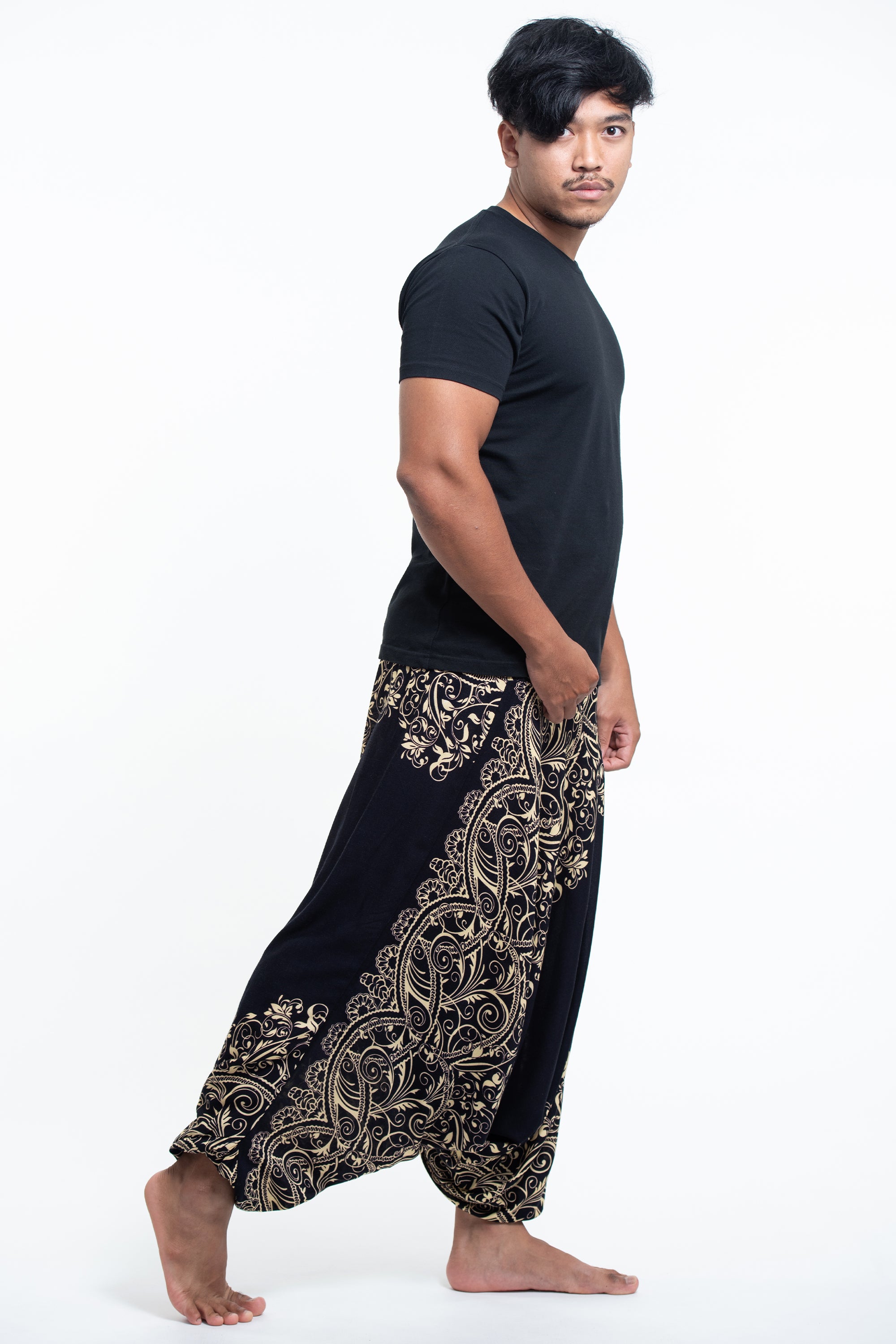 Vines Drop Crotch Men's Harem Pants in Black