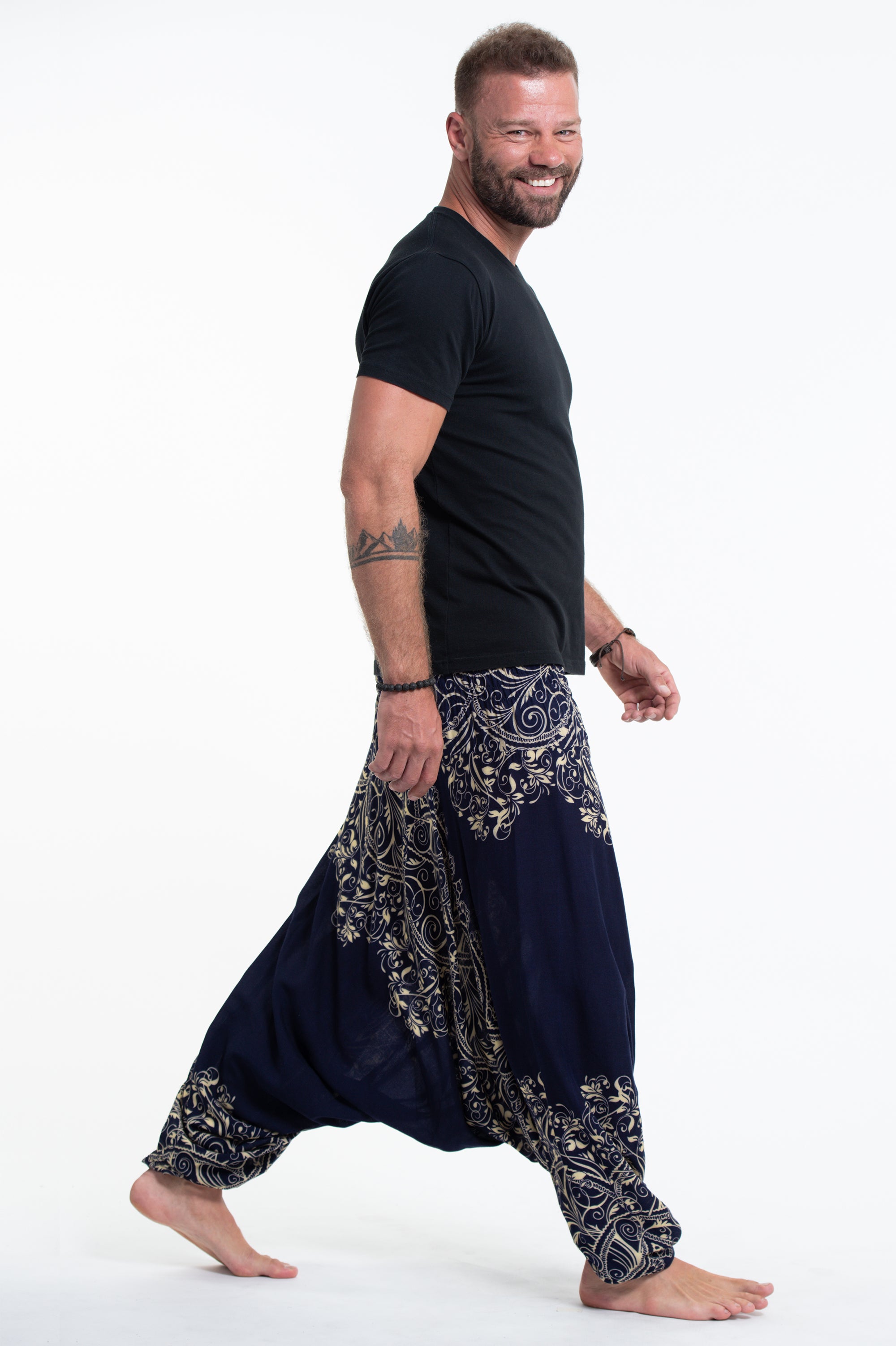 Vines Drop Crotch Men's Harem Pants in Blue