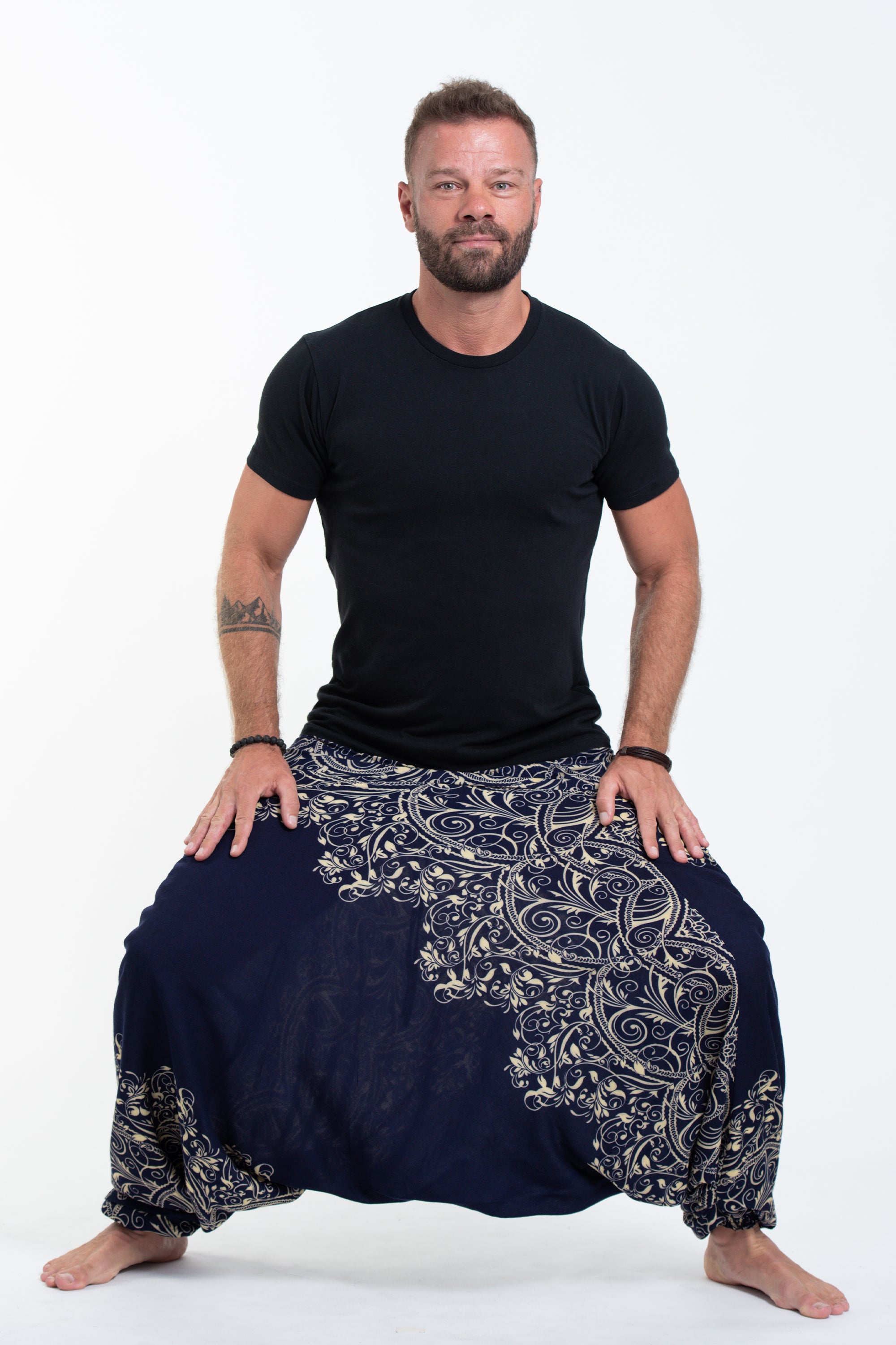 Vines Drop Crotch Men's Harem Pants in Blue