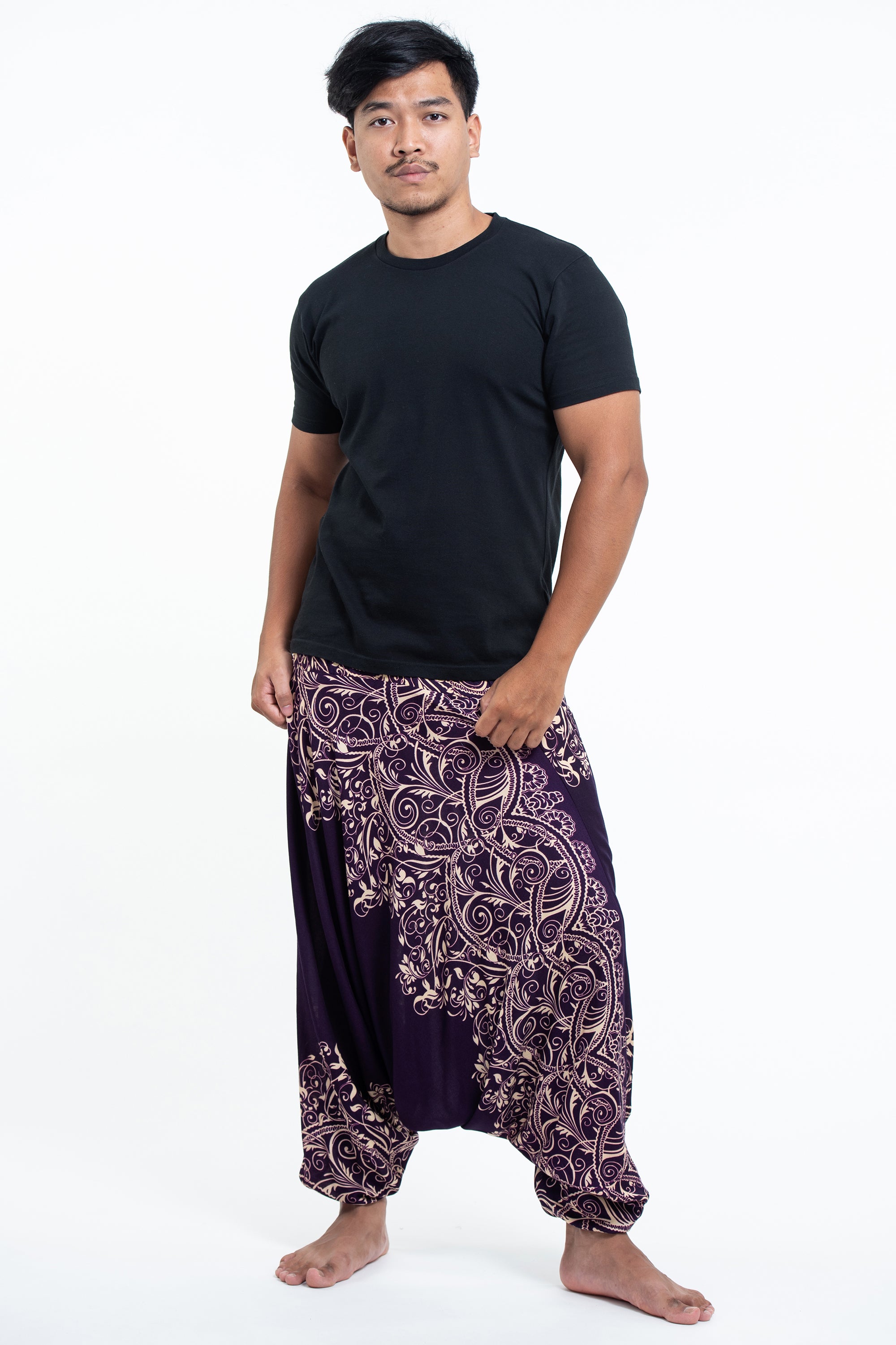 Vines Drop Crotch Men's Harem Pants in Purple