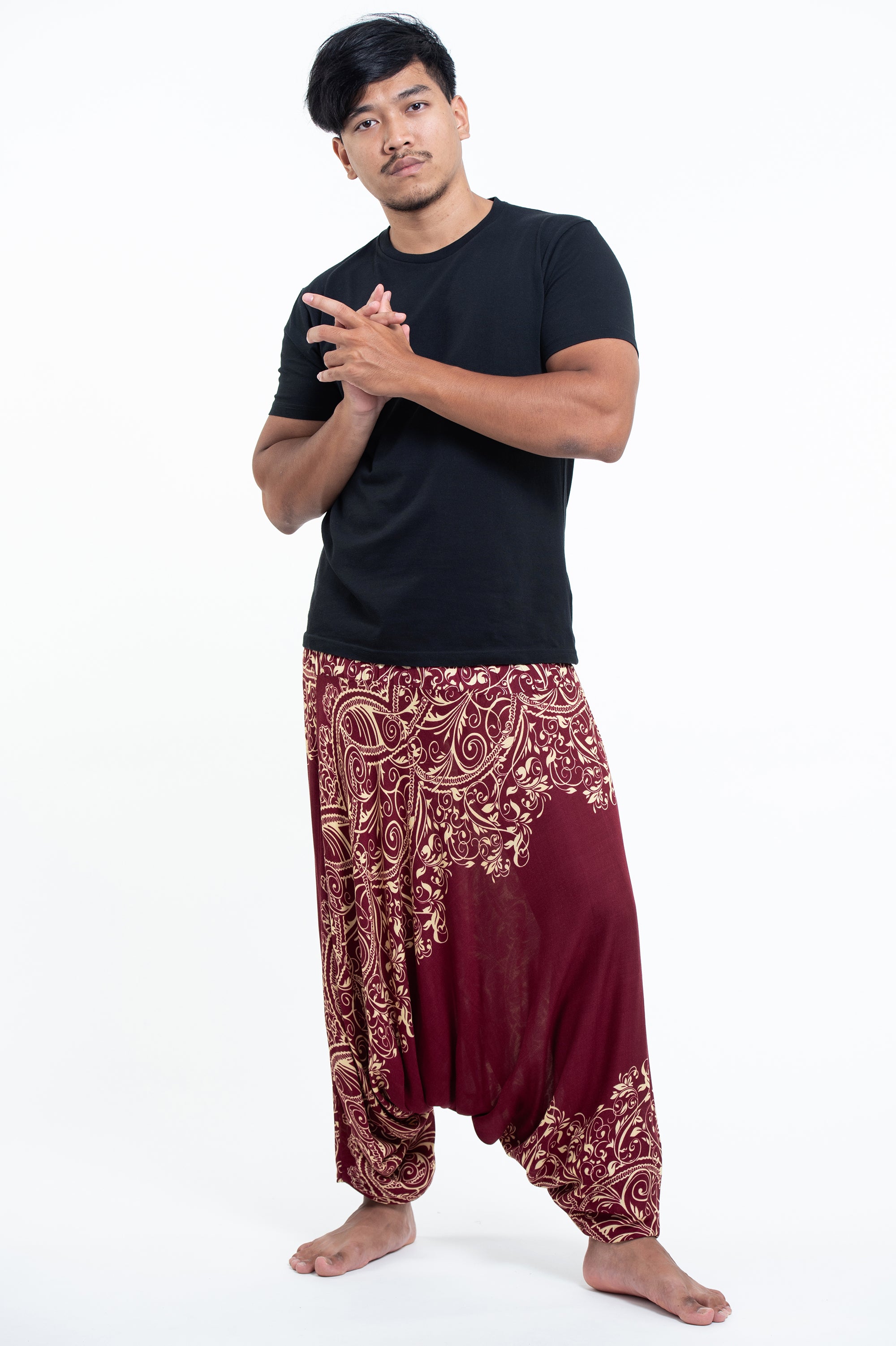 Vines Drop Crotch Men's Harem Pants in Red