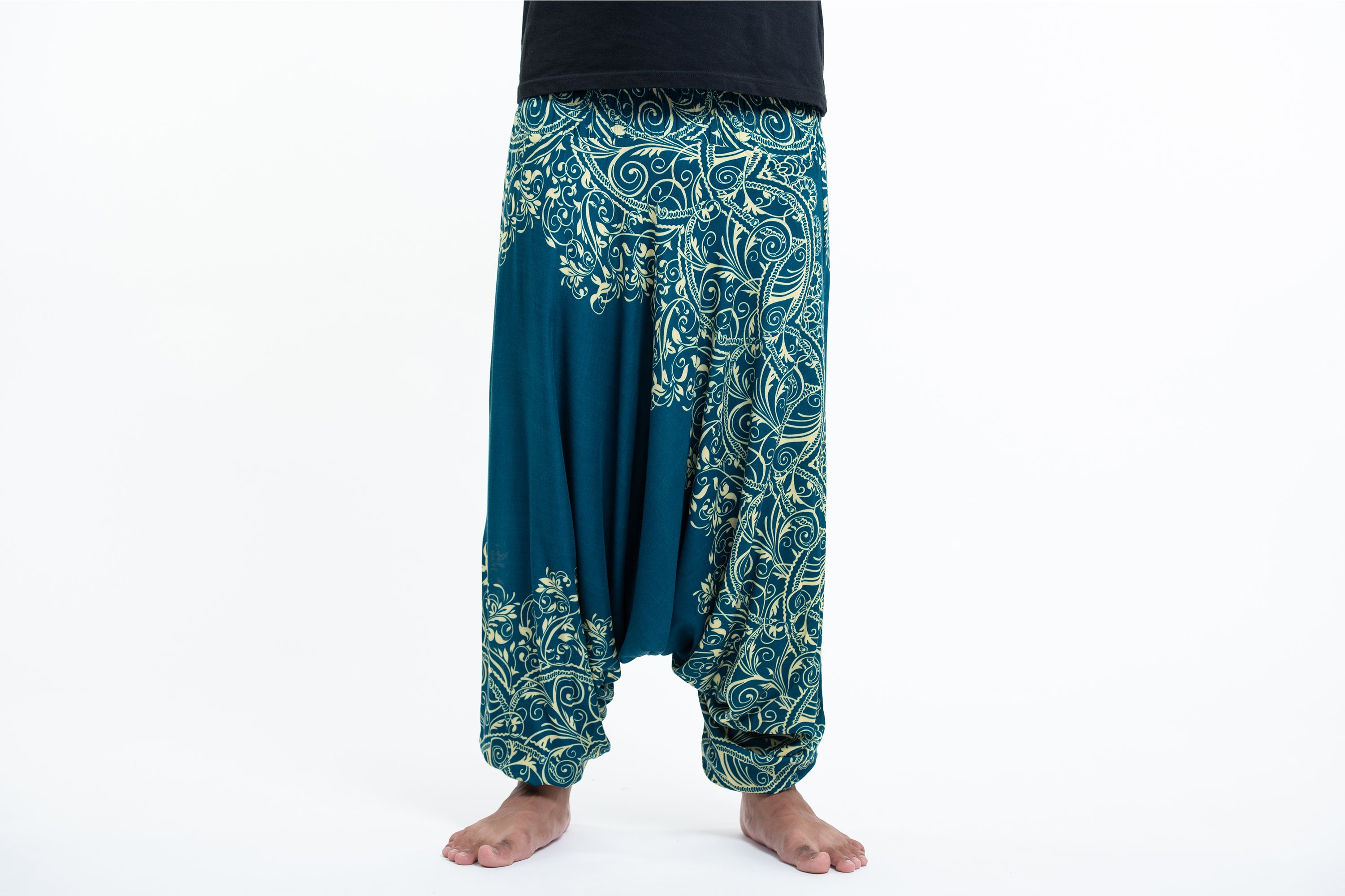 Vines Drop Crotch Men's Harem Pants in Turquoise
