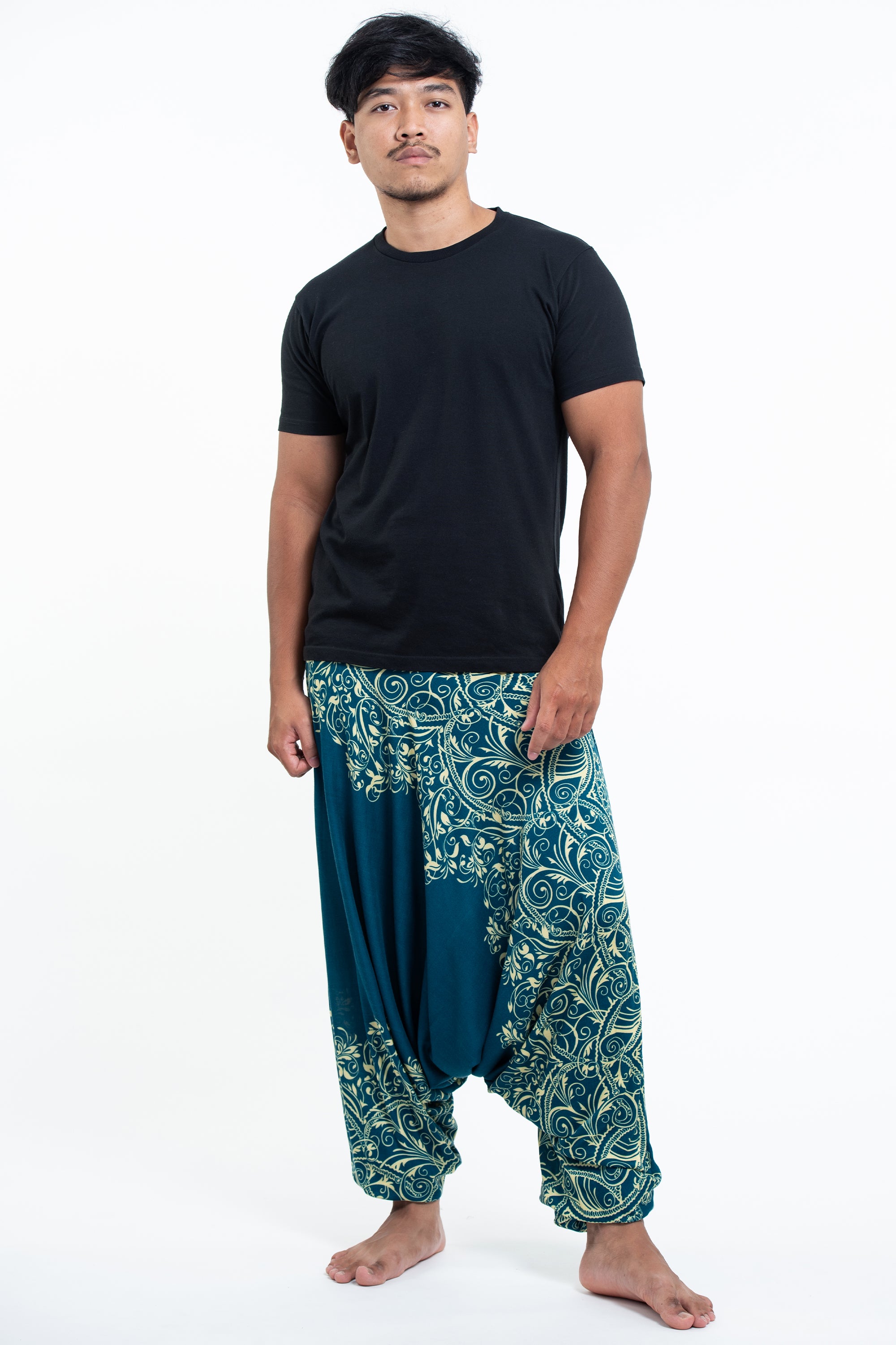 Vines Drop Crotch Men's Harem Pants in Turquoise