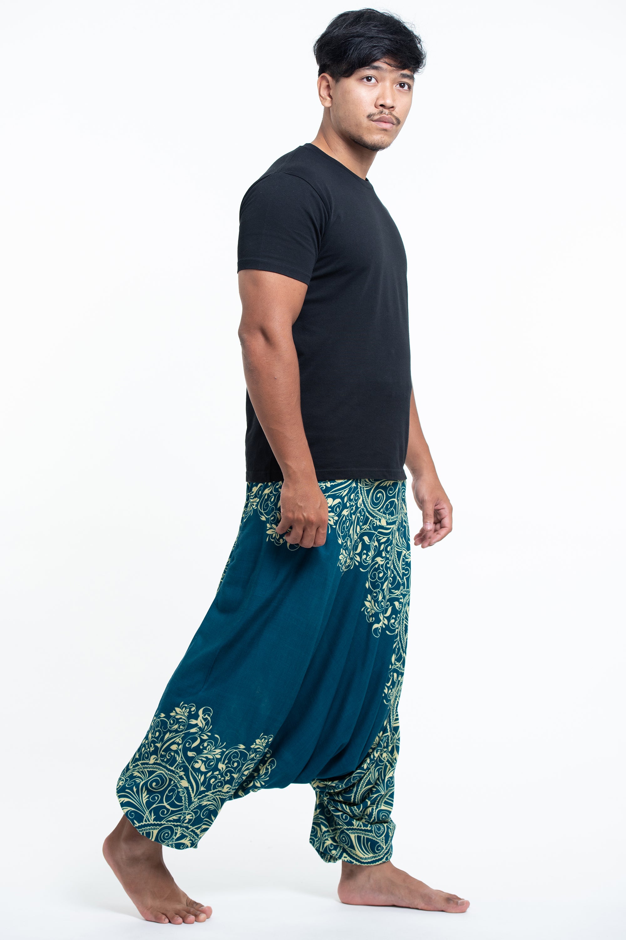 Vines Drop Crotch Men's Harem Pants in Turquoise