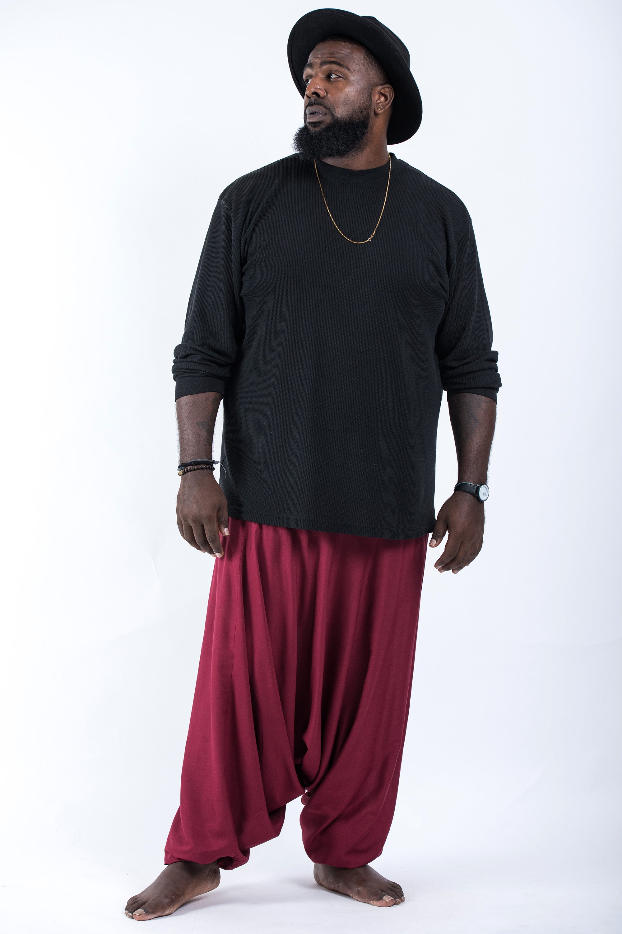 Plus Size Solid Color Drop Crotch Men's Harem Pants in Red
