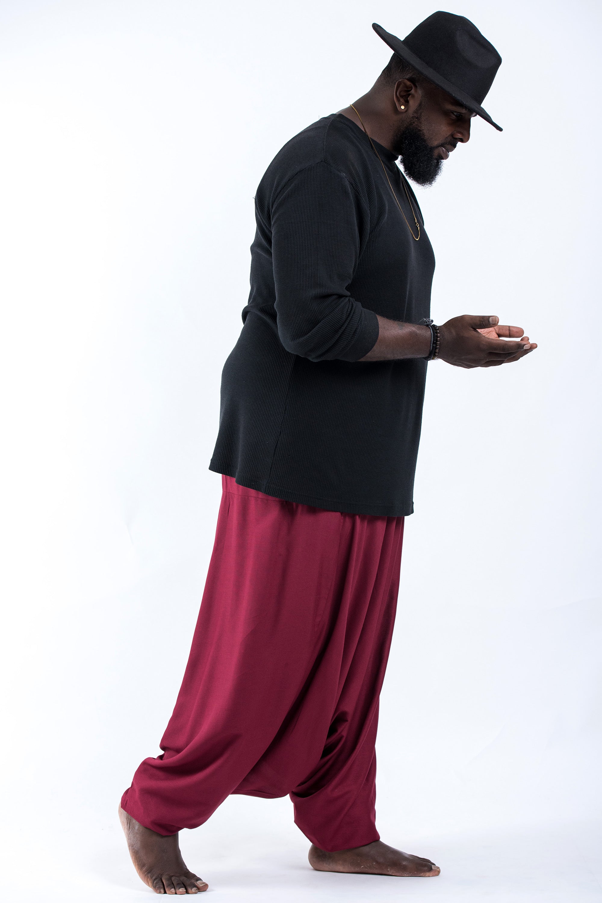 Plus Size Solid Color Drop Crotch Men's Harem Pants in Red